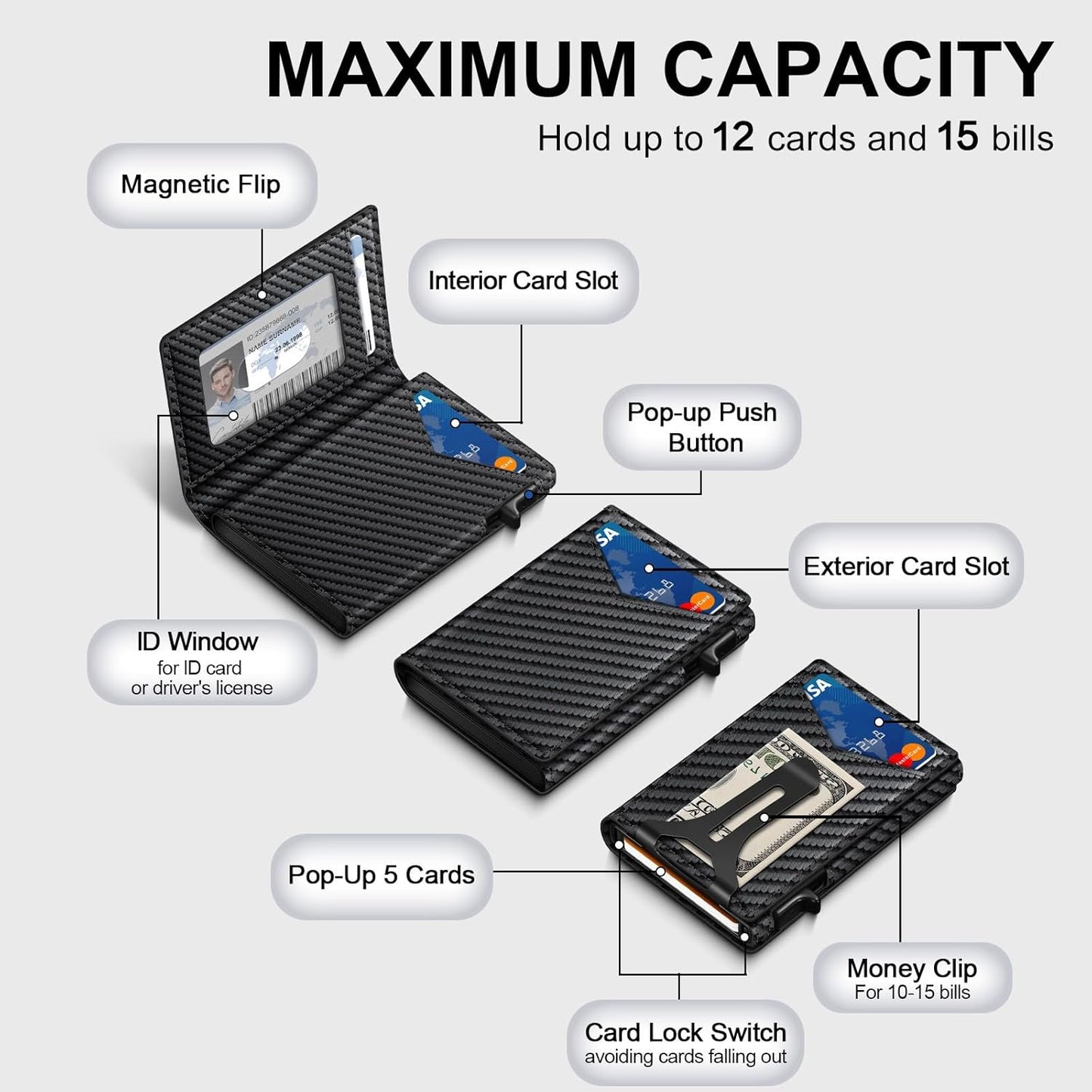 Wallet for Men, RFID Wallet with Money Clip & ID Window, Minimalist Pop Up Credit Card Case Holder 10-12 Cards, Bifold Slim Smart Wallet for Front Pocket, Compact Metal Wallets, Gifts for Men, Carbon