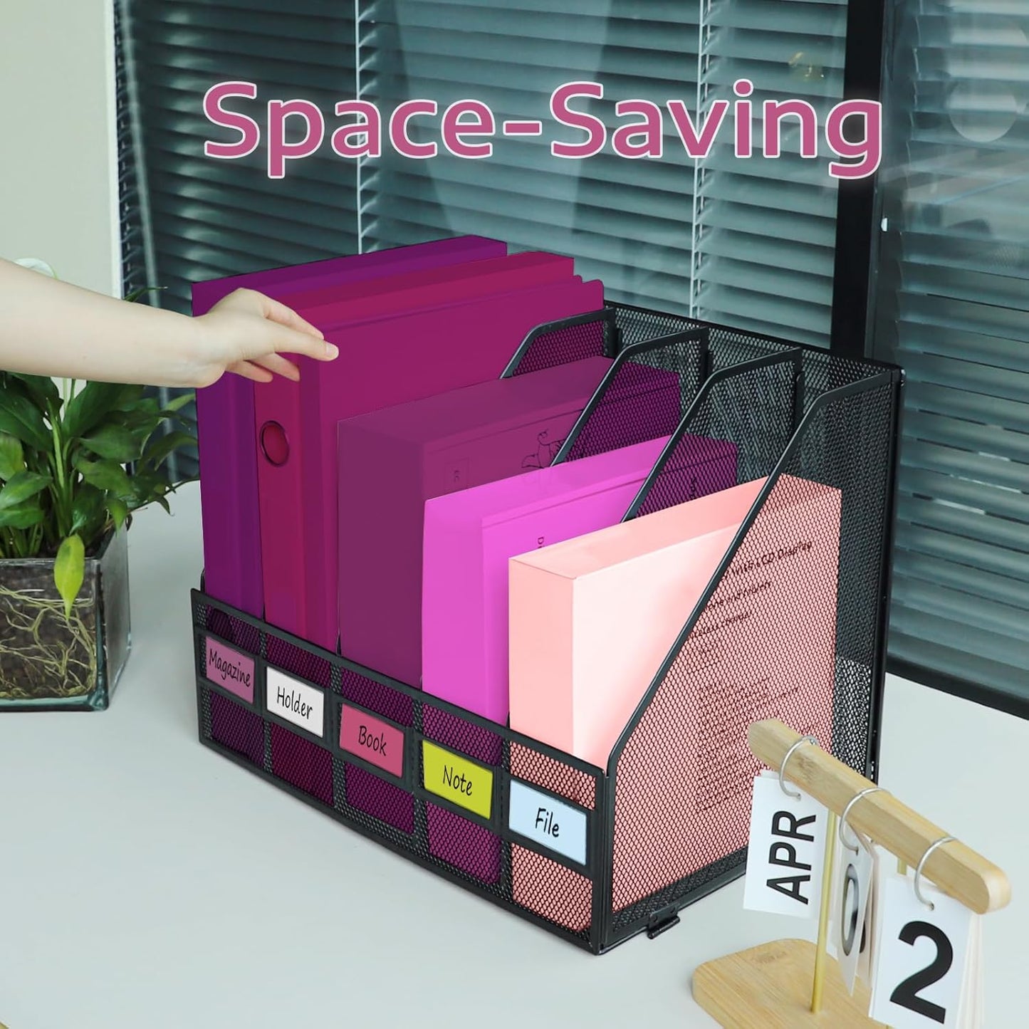 Desk Organizers, Metal Magazine File Holder with 5 Vertical Compartments Rack Binder File Organizer for Office Supplies, Home Workspace - Black