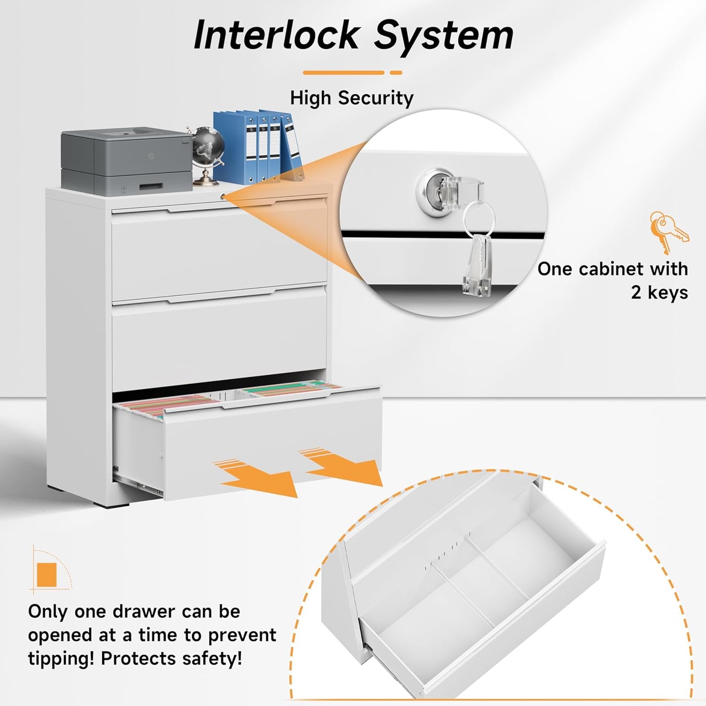 Bestoo Lateral File Cabinet with Lock, 3 Drawer Lateral Filing Cabinet for Office Home, Locking Metal Steel Wide for Hanging Files Letter/Legal/F4/A4 Size, Easy Assemble White