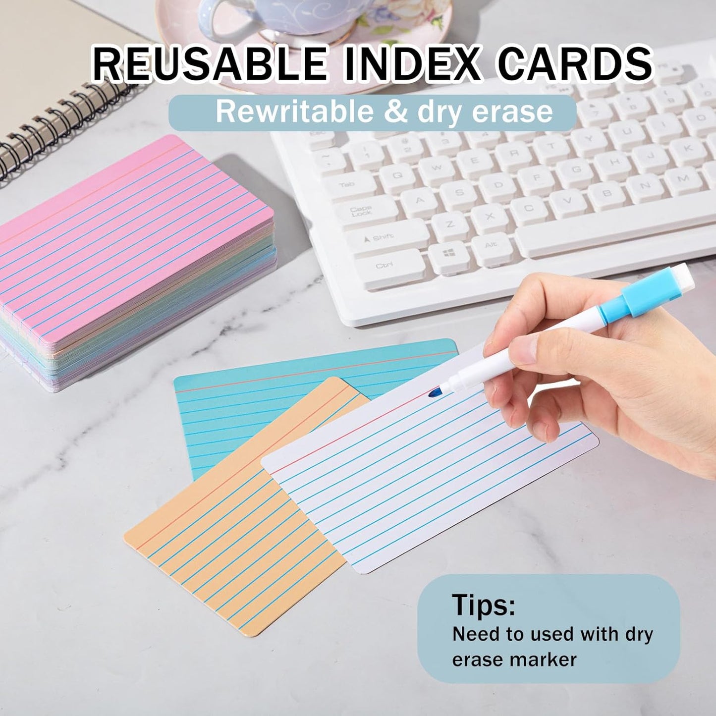 Harloon 100 Pcs Dry Erase Index Cards 3 x 5 Inch Laminated Reusable Dry Erase Note Cards Sheets for Office to Do List (Ruled Candy Color)