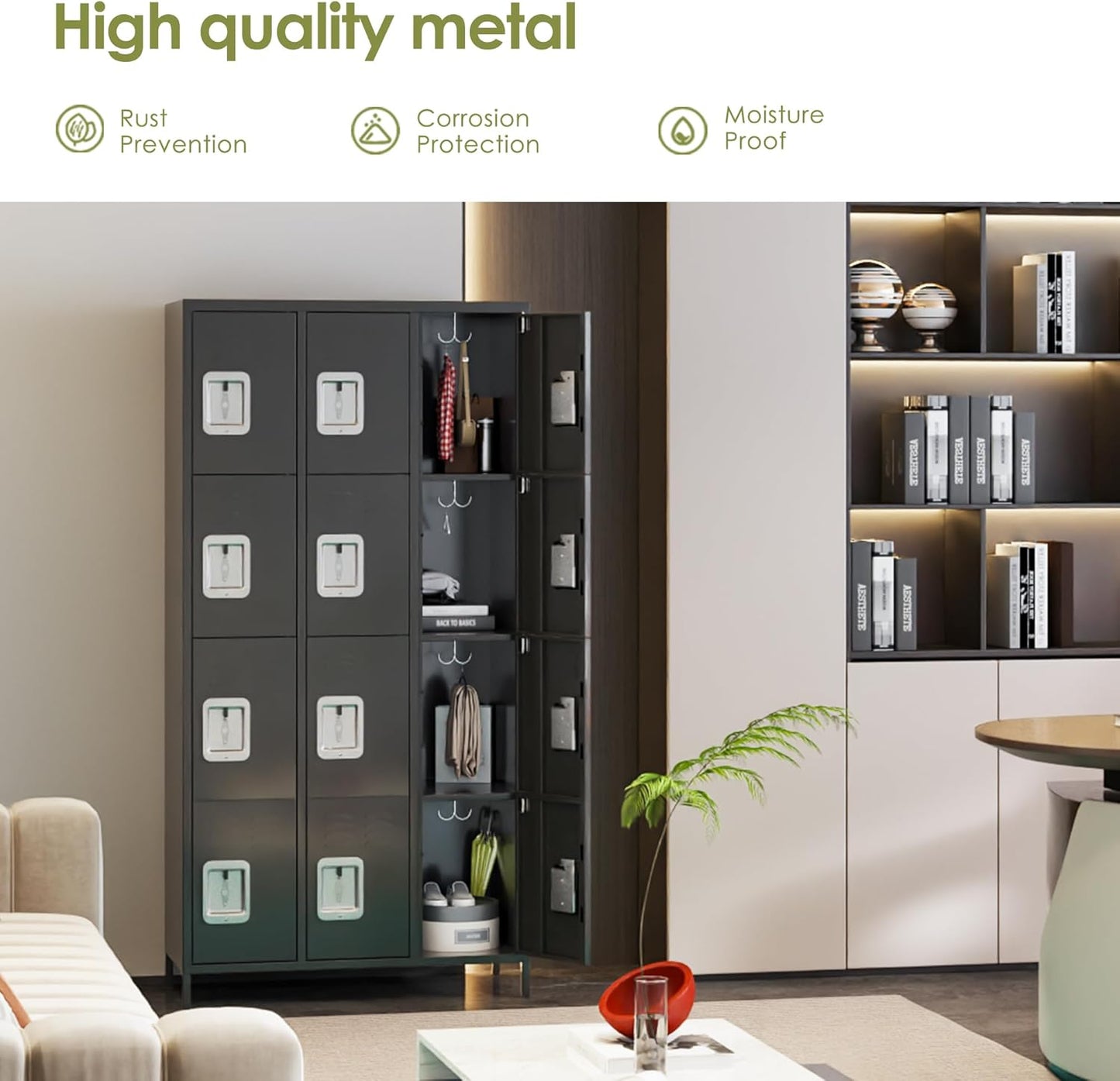 Metal Lockers for Employees with 12 Door and 12 Hooks,Metal Storage Locker with Lock for School Office Gym Bedroom,Assembly Required,Dark Grey