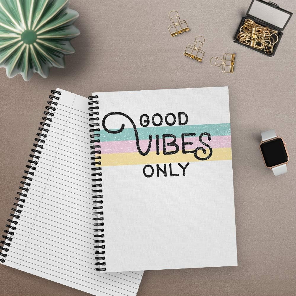 Softcover Good Vibes 8.5" x 11" Motivational Spiral Notebook/Journal, 120 College Ruled Pages, Durable Gloss Laminated Cover, Black Wire-o Spiral. Made in The USA