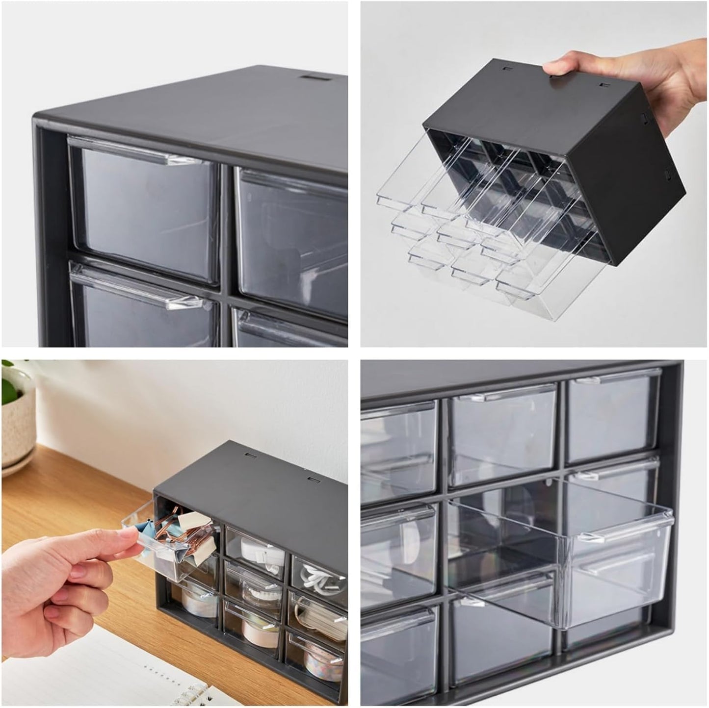 Feadily 2PCS Small Drawer Organizer for Desk, Desktop Drawer Organizer with 9 Clear Drawers, Plastic Desktop Storage Drawers 7.1 Inch x 3 .9 Inch x 4.7 Inch, Black