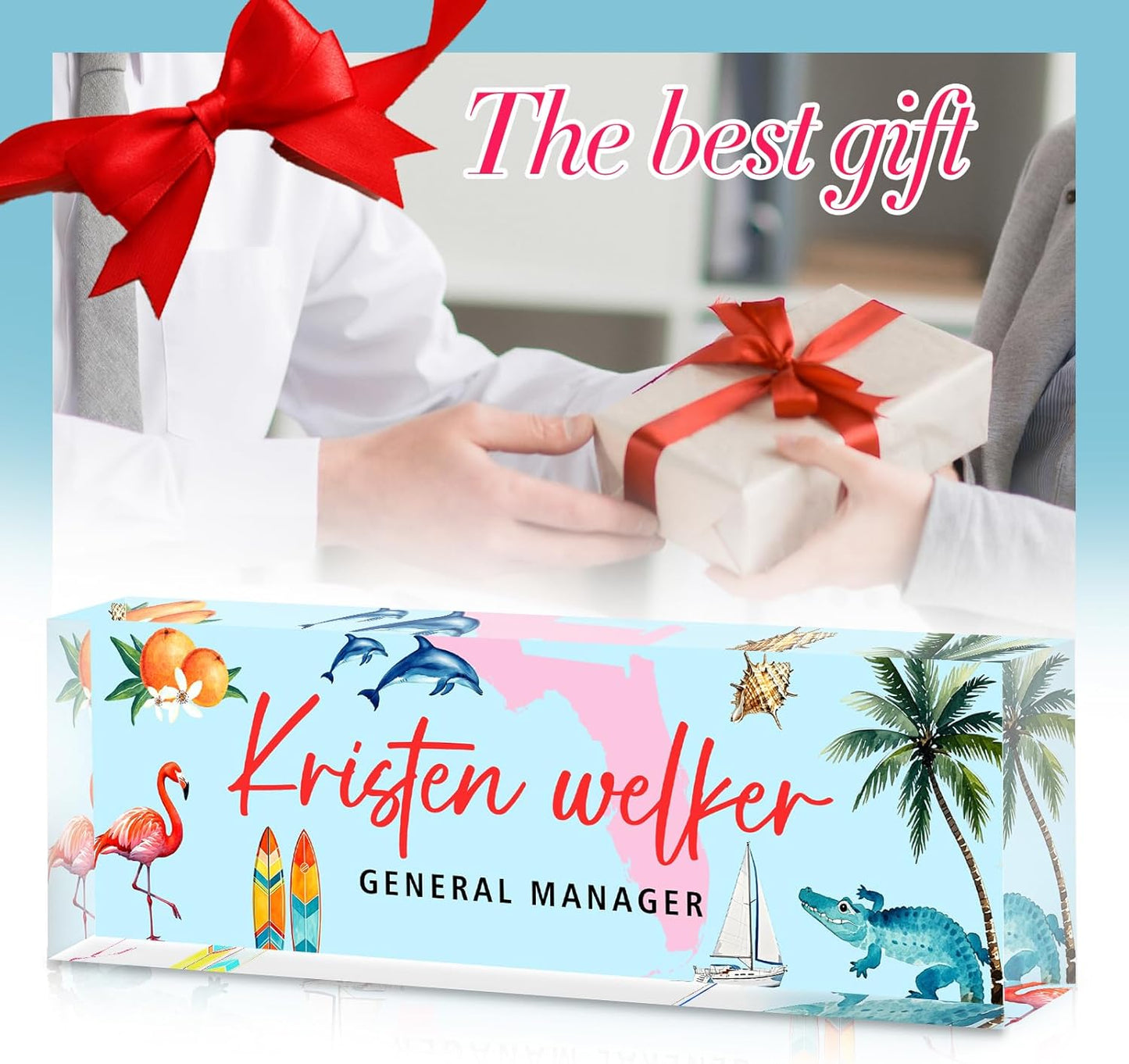 Personalized Name Plate for Desk - Custom Engraved Name Plates for Man - Boss Day Gifts for Boss - Acrylic Office Decor Appreciation Gifts for Teacher Nurse Coworker Social Worker (Summer in Florida)