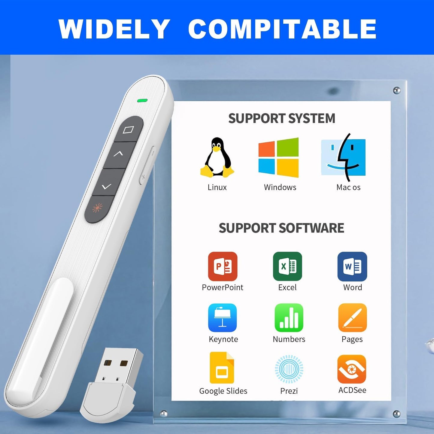 QUI Presentation Clicker for PowerPoint, RF 2.4GHz USB Wireless Presenter Remote with Volume Control, PowerPoint Clicker Slide Advancer for Mac, Windows, Laptop, Keynote