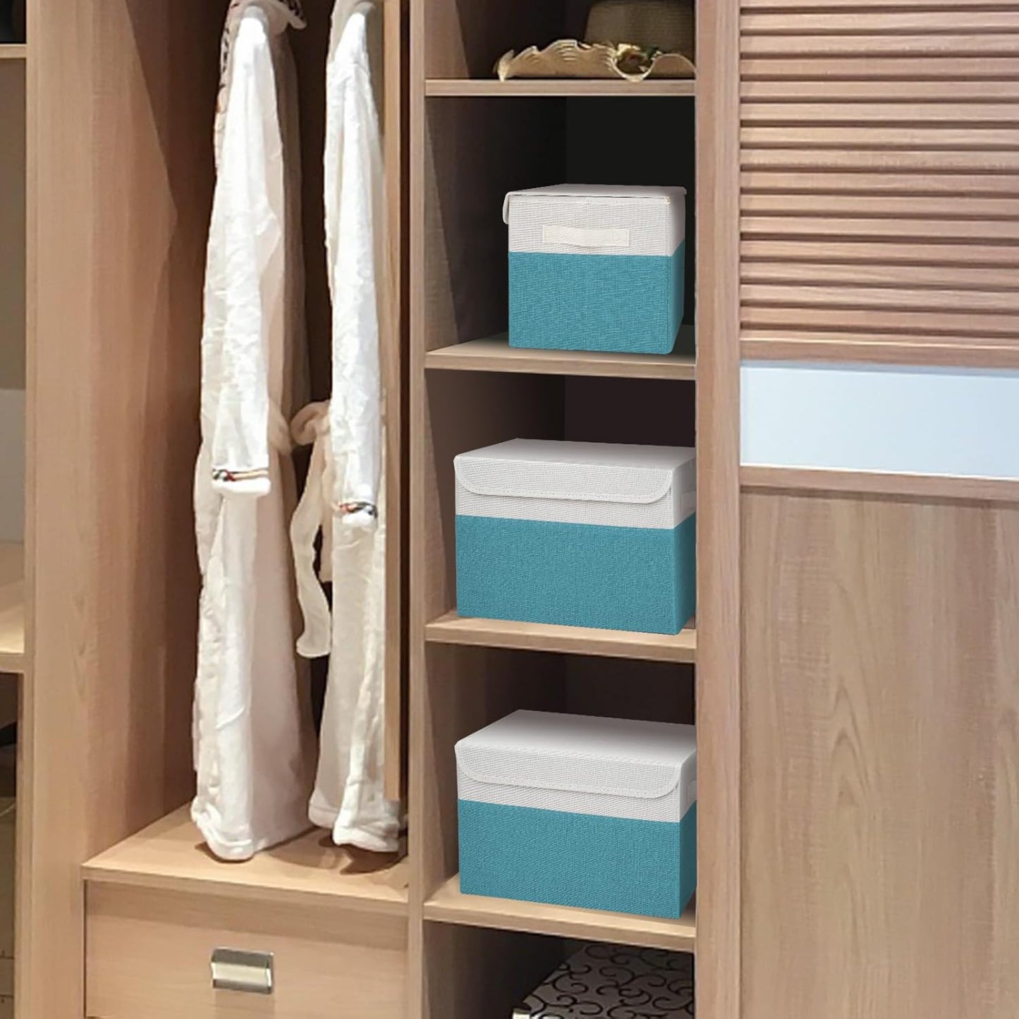 Large 22 Quart Linen Fabric Foldable Storage Bin Cube Organizer Basket with Flip-Top Lid & Handles, Clothes Blanket Box for Home, Office, Closet, Teal & White, 4 Pack 14.6 x 9.5 x 9.5