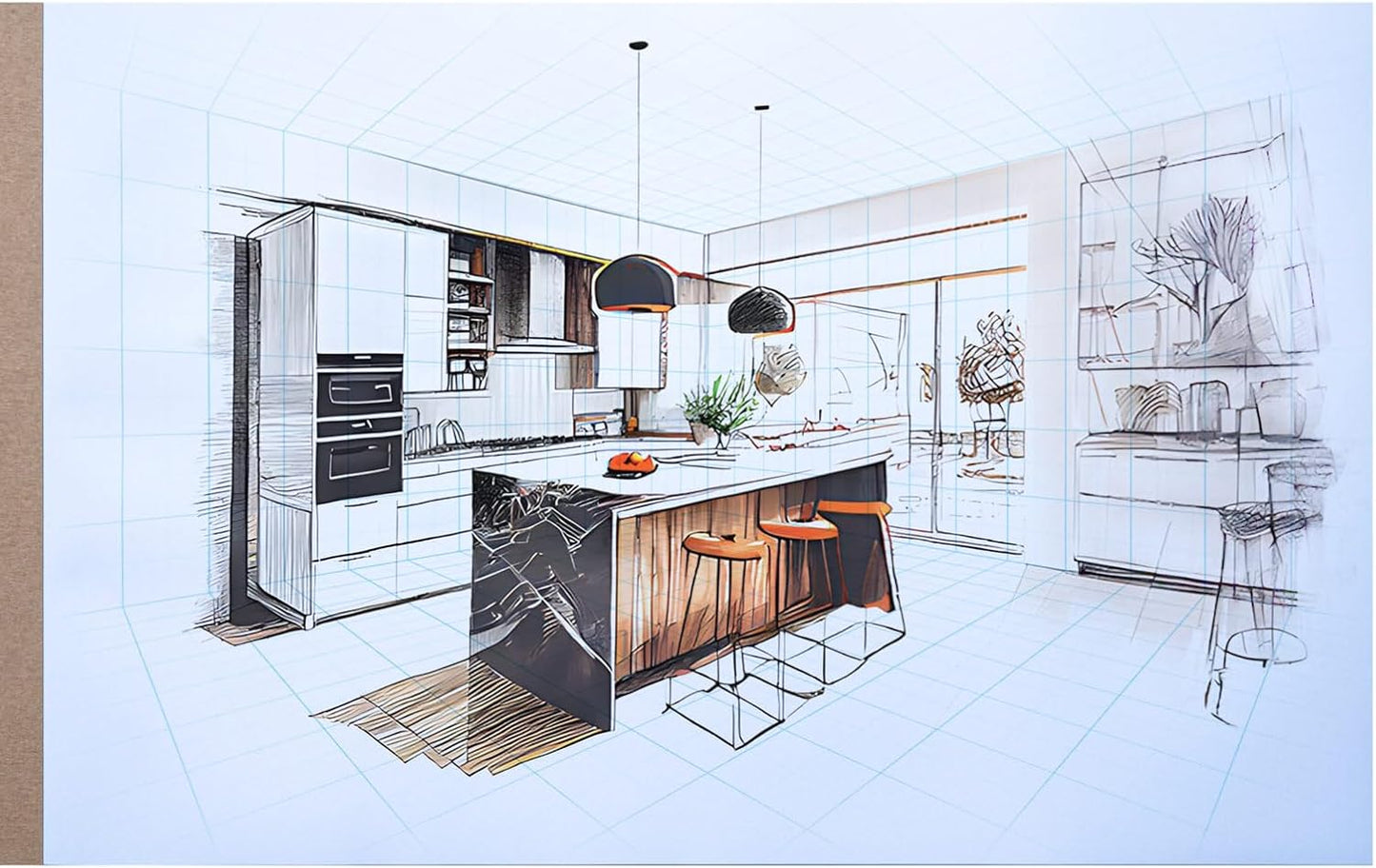 Koala Tools - 40-Page Drawing Pad for 2-Point Perspective, Room Grid Sketch Pad with 3D Virtual Walls Design, Gridded Graph Paper for Interior Room Design, Industrial, Architectural 11 x 17 inches