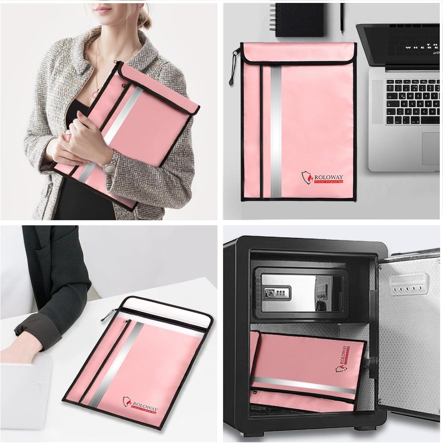 ROLOWAY Fireproof Document Bag (15 x 11 inch) with 2 Pockets & Waterproof Zipper, Fireproof Money Bag, Fire Safe Bag with Reflective Strip, Fireproof Envelope for Cash, Legal Documents Safe (Pink)
