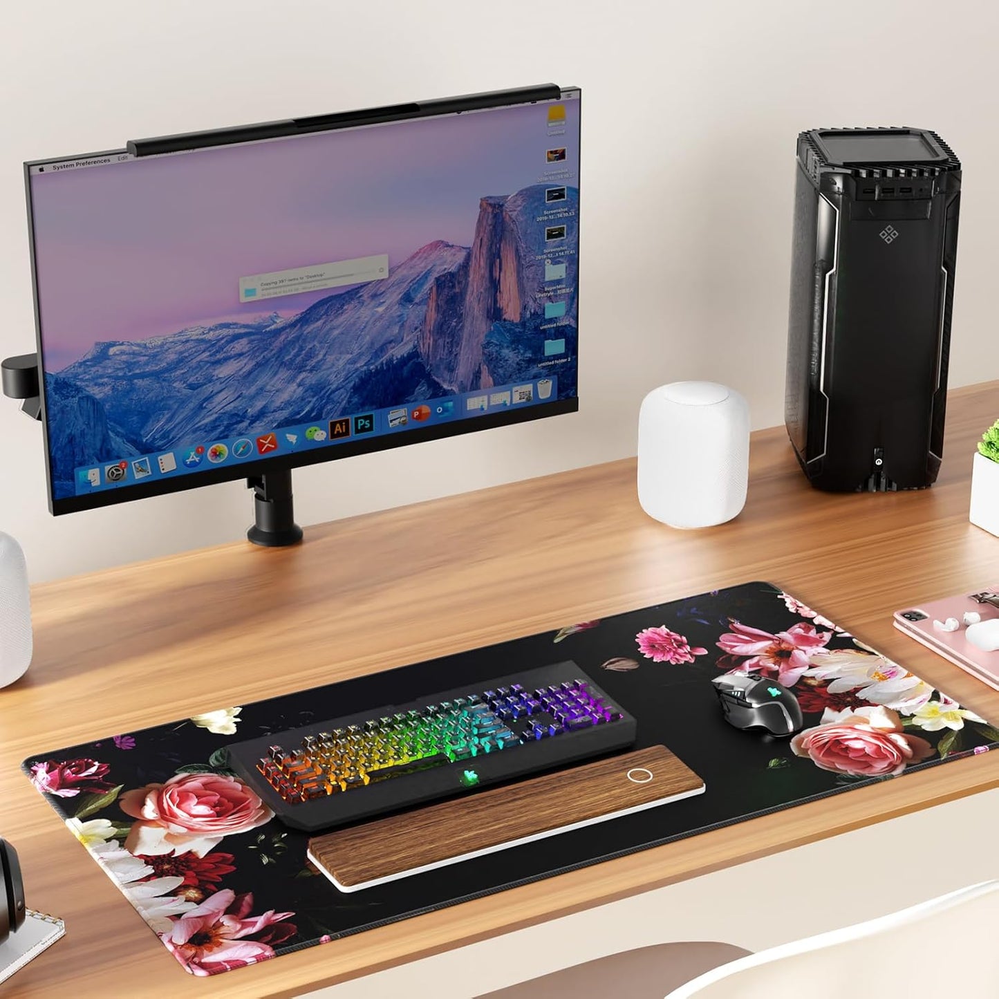 KTRIO Large Gaming Mouse Pad with Stitched Edges, Extended Mousepad with Superior Micro-Weave Cloth, Non-Slip Base, Water Resist Keyboard Pad for Gamer, Office & Home, 31.5x15.7in, Peony Flower