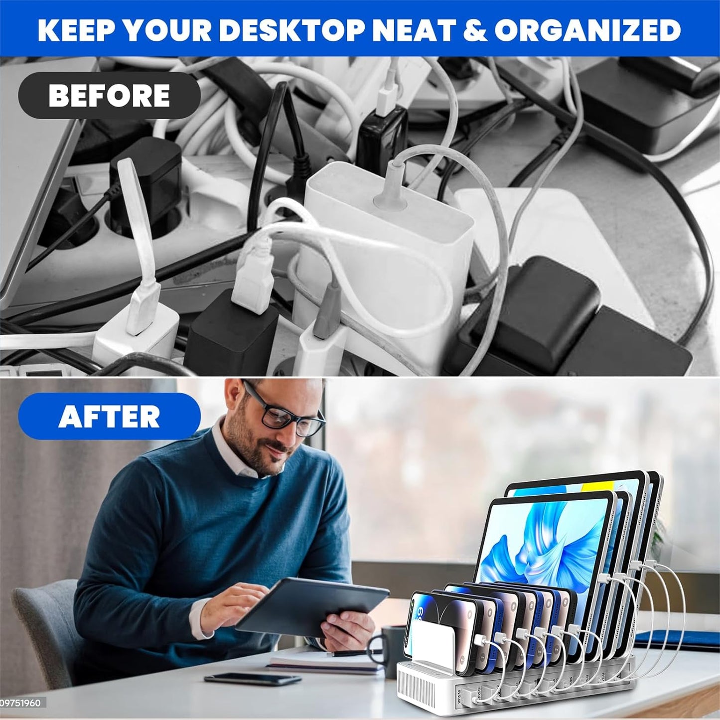 Charging Station for Multiple Devices, 100W 10 Ports Flat Plug Charging Dock with 10 Cables Smart IC Tech and Adjustable Dividers Type-C,Multi USB Charger for iPhone Galaxy iPad Tablet,White