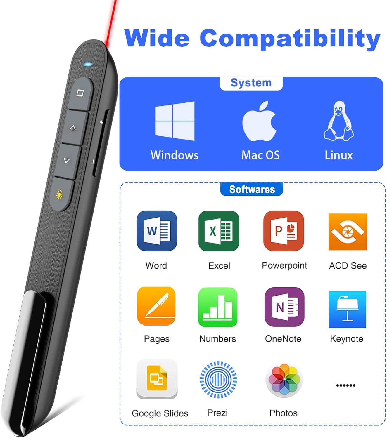 Wireless Presenter Remote Presentation Pointer Clicker with Hyperlink & Volume Control USB PowerPoint Slide Advancer