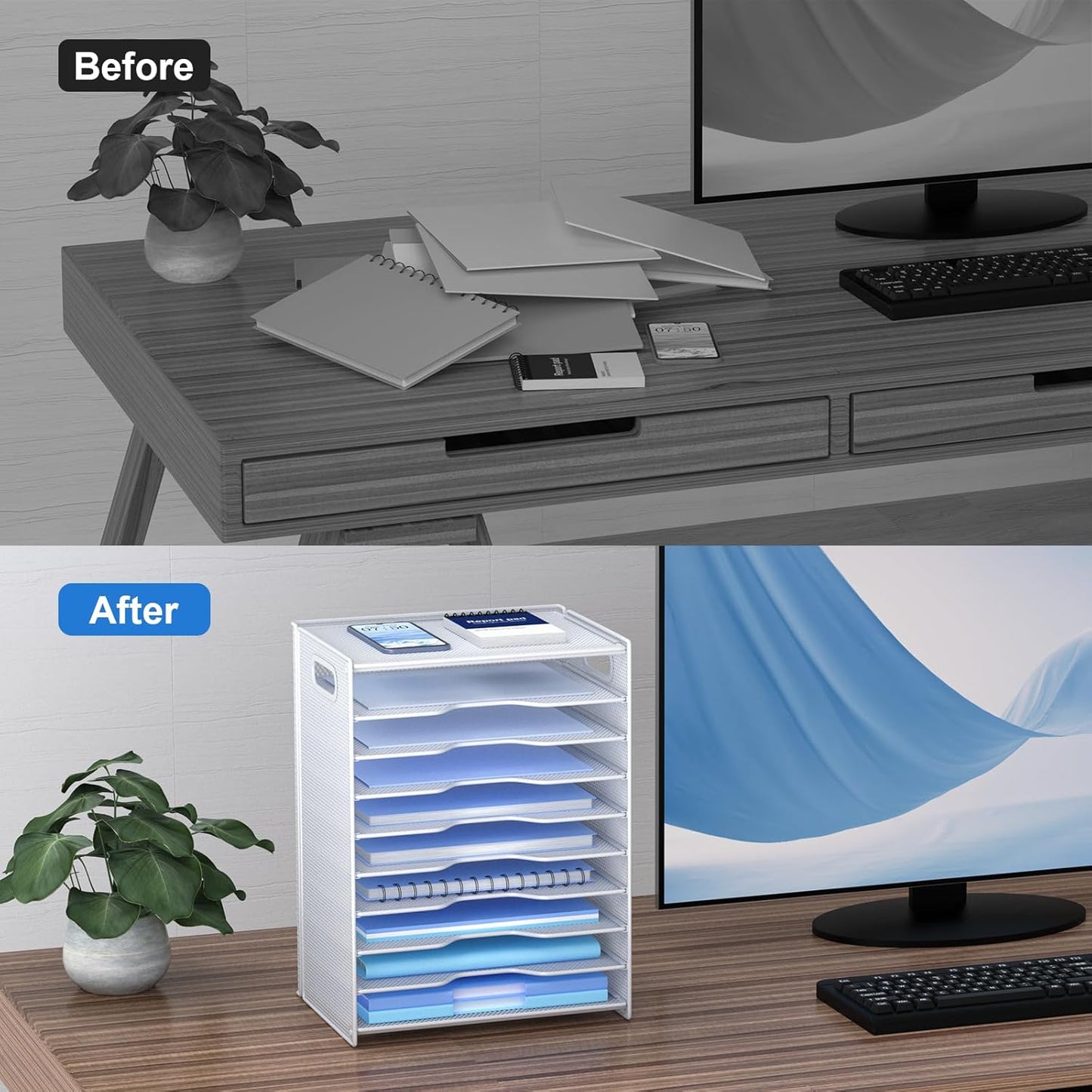 OUTWOLF 10 Tier Paper Organizer - Letter Tray Mesh Desk File Organizer with Handles for Office School Desktop, White