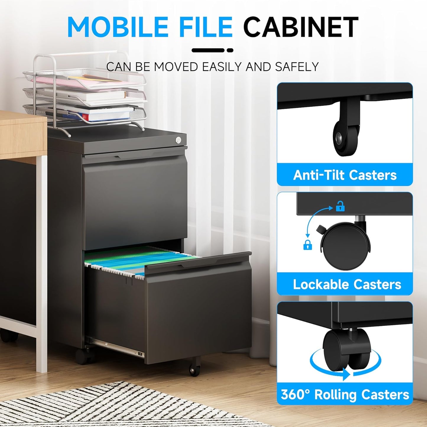 Bestoo 2 Drawer Metal Mobile File Cabinet, File Cabinet on Wheels with Lock for Letter/Legal/A4 File Under Desk, Metal Rolling File Cabinets for Home Office(Black)