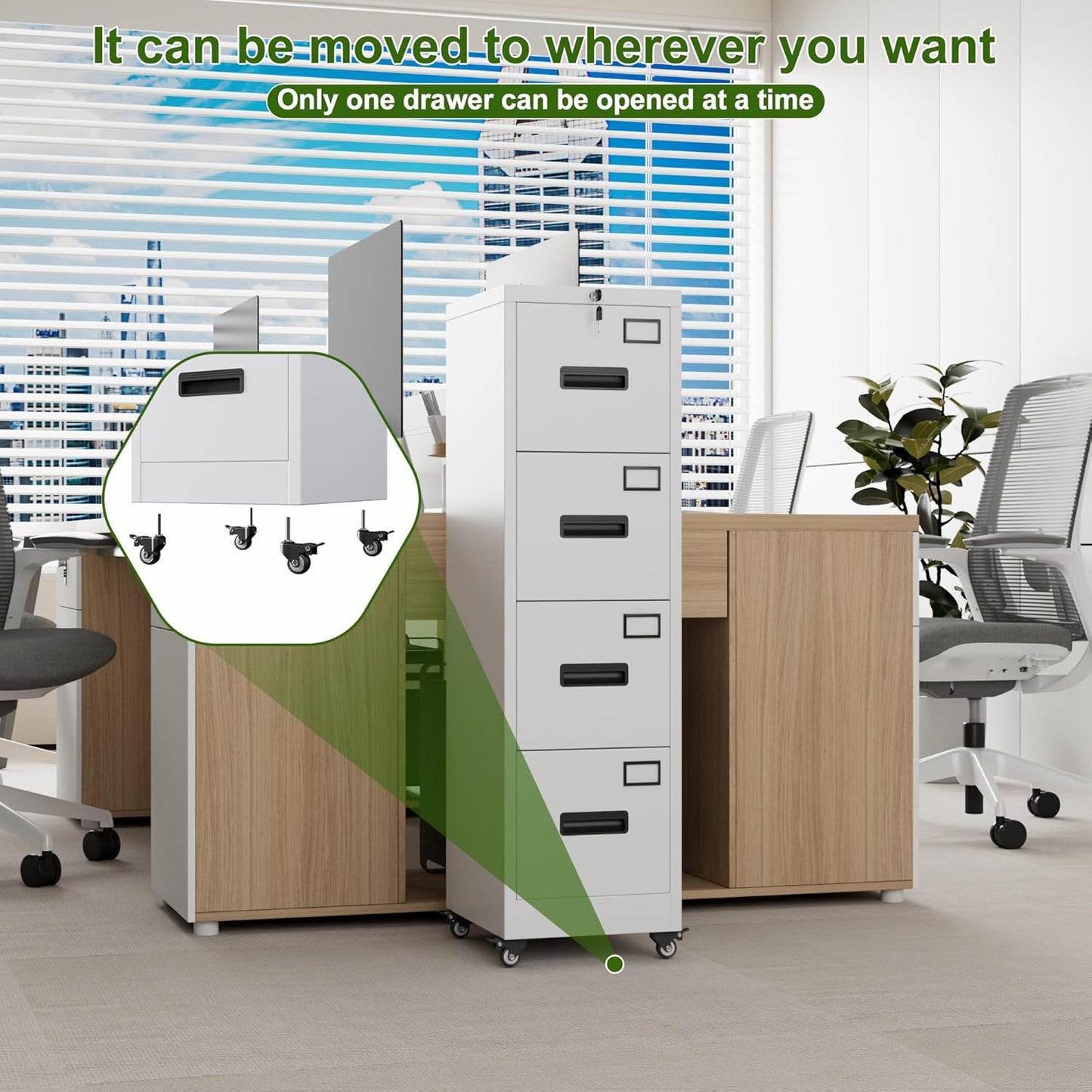 Aobabo File Cabinet 4 Drawer with Wheels, Lockable Office Metal Filing Cabinet with Name Card for Office and Home,Required Assembly,White