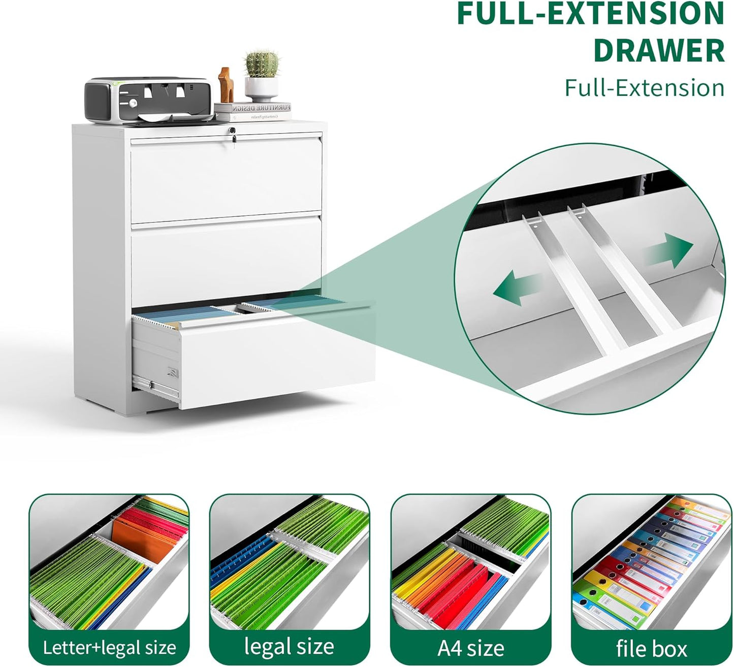 3 Drawer Lateral File Cabinet, Metal Filing Cabinets for Home Office, Steel Storage Wide File Cabinet for Letter/Legal/F4/A4 Size with Hanging Bars, Assembly Required (White)