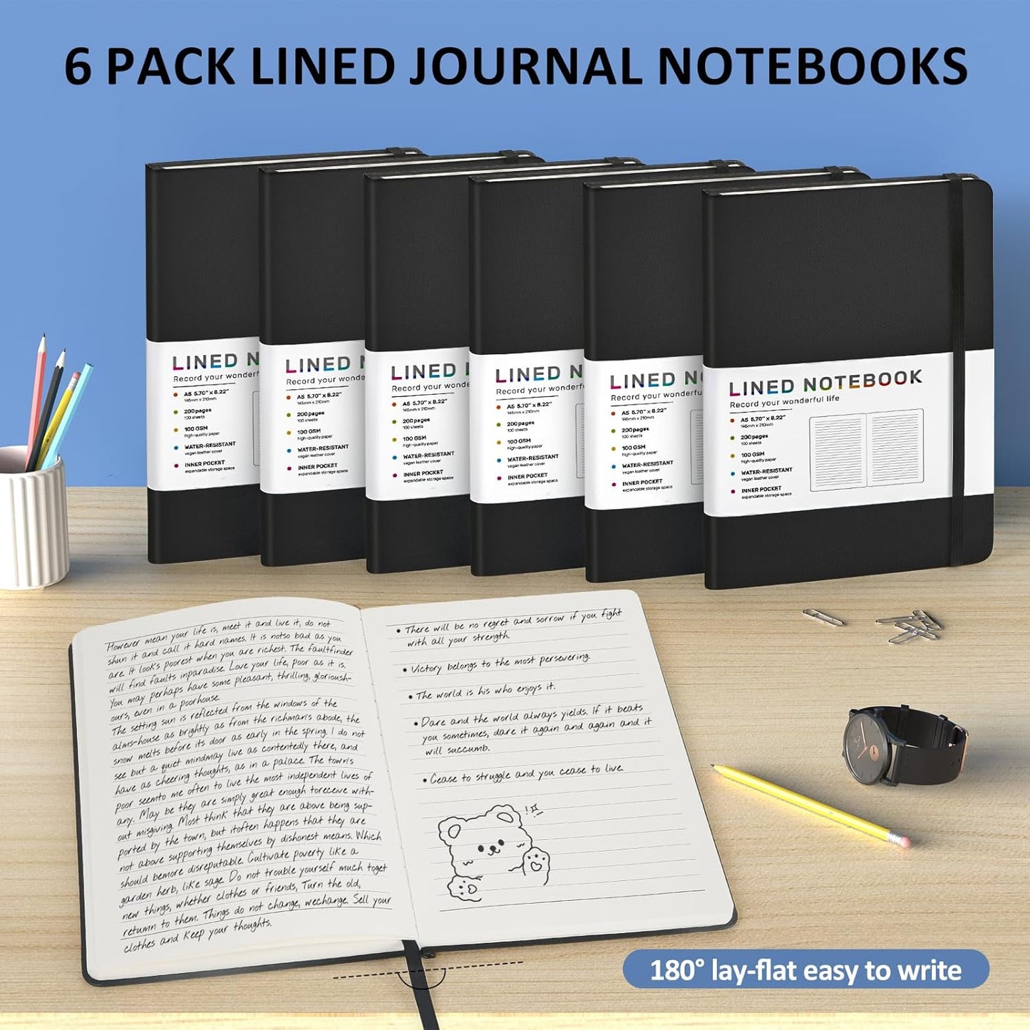 Lined Journal Notebook for Women Men, 200 Pages A5 Hardcover Leather Journals 5.7” x 8.3”, A5 College Ruled Notebooks with 100 GSM Thick Paper for Writing,Travel,School,Office,Work,Business(Black)