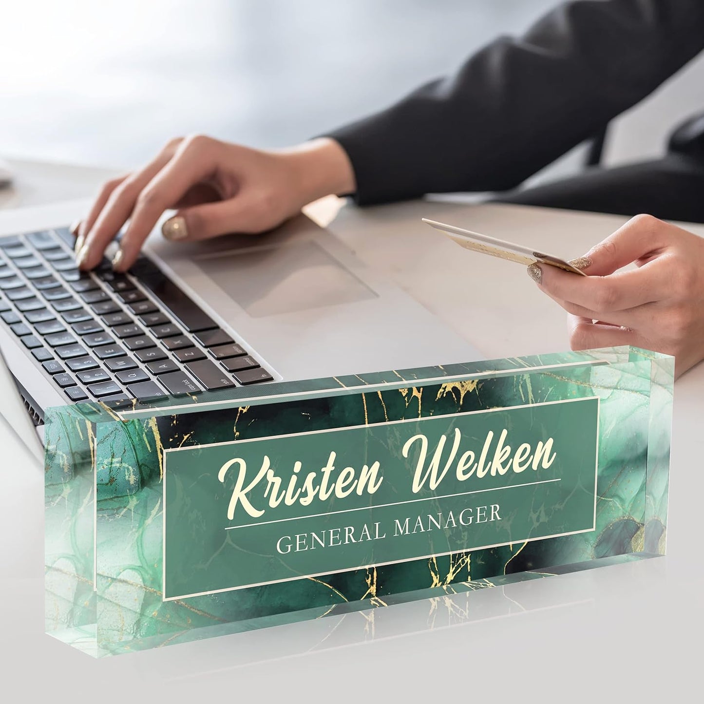 Acrylic Name Plate Personalized, Teacher Name Plates for Desks Classroom, Gifts for Teacher Boss Employee Appreciation Office Desk Decor (Green Marble1)