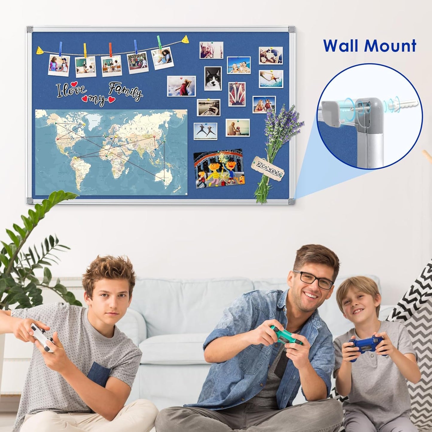 Felt Bulletin Big Vision Pin Board Notice Booard Wall-Mount Organization for Photo Message Velcro,Blue,48x36inches