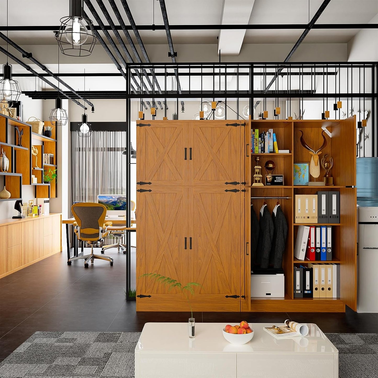 Unikito 71'' Farmhouse Wardrobe Closet with Hanging Rod, 4 Barn Door Storage Cabinet with Adjustable Shelves, Freestanding Closet Wardrobe Cabinet for Bedroom Living Room Office, Highland Oak