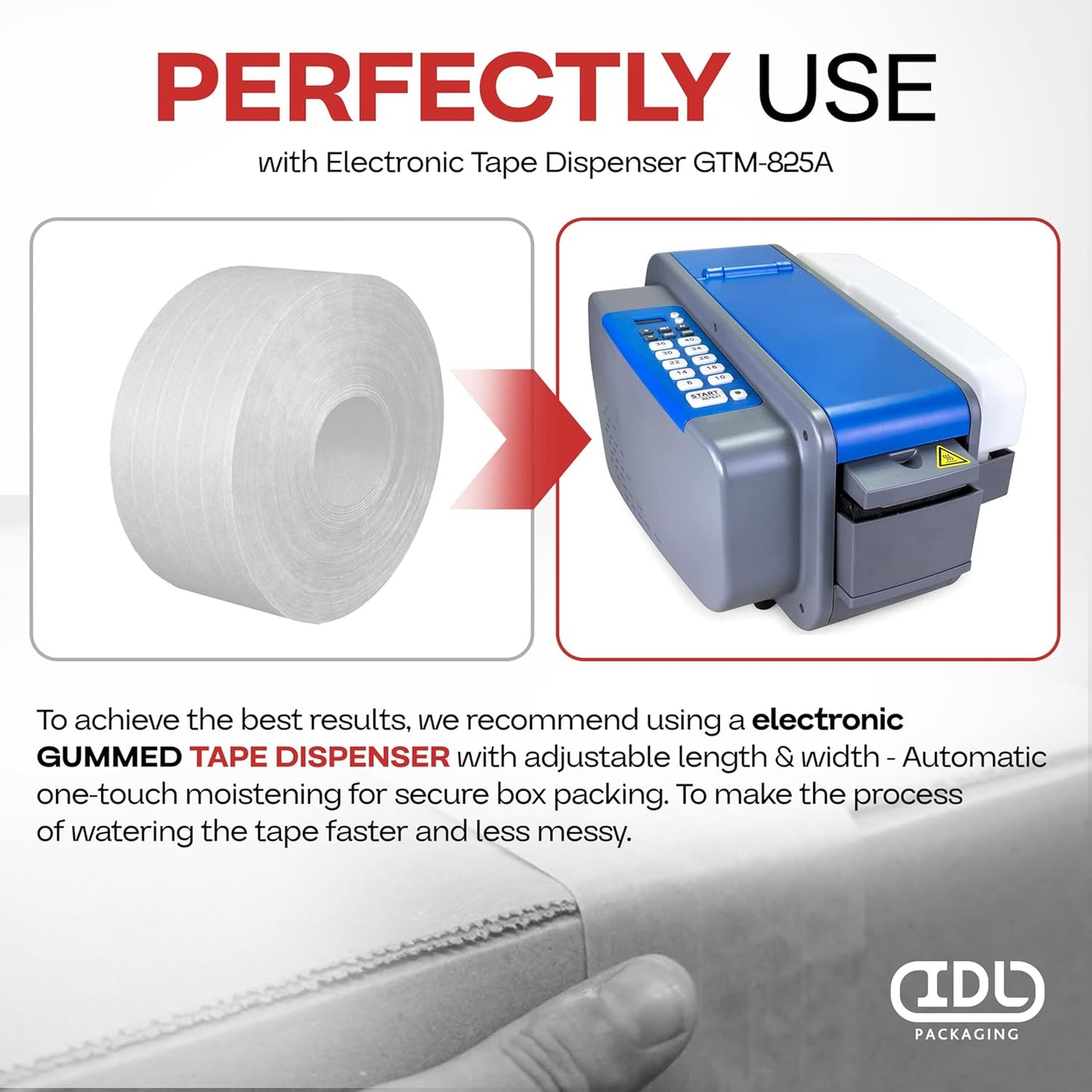 IDL Packaging 2.83" x 450 feet Reinforced Water-Activated Kraft Gummed Tape 30lb Thickness (Pack of 10) - Secure Paper Packing Tape for Secure Carton Sealing - Heavy-Duty for All Conditions, White