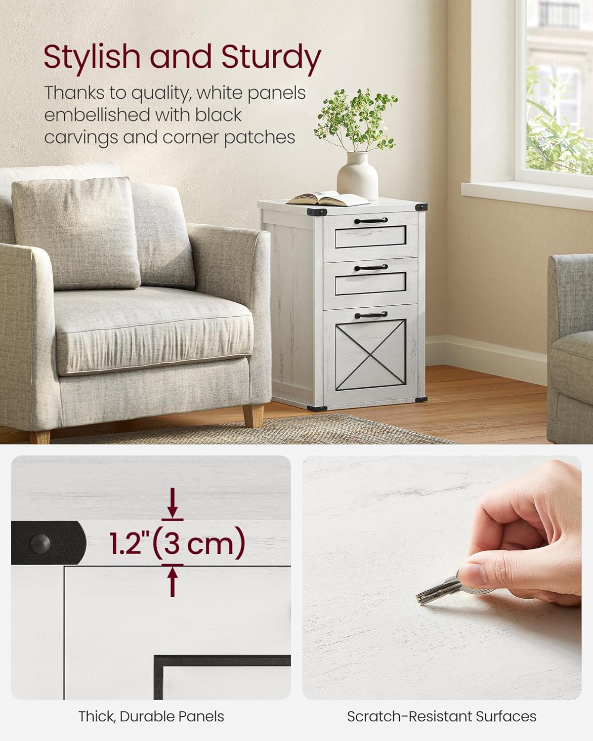 VASAGLE File Cabinet, Filing Cabinet with 3 Drawers, Printer Stand, Fit A4, Letter Size, Hanging File Folders, Modern Farmhouse Style, for Home Office, Rustic White UOFC054T73