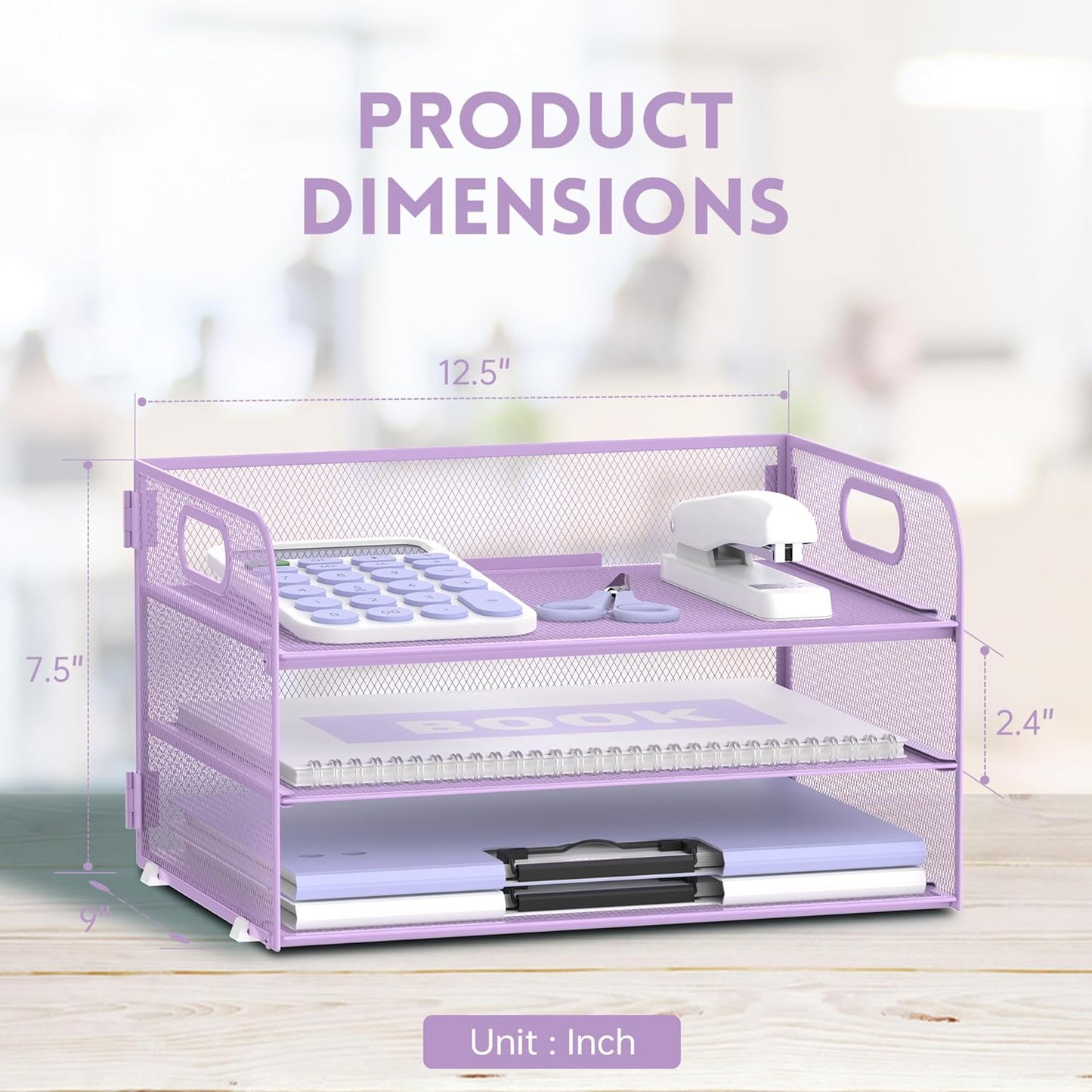 Supeasy 3 Tier Paper Organizer with Handle, Mesh Desk Organizer Letter Tray, Paper Tray File Organizer for A4 File Folder, Purple