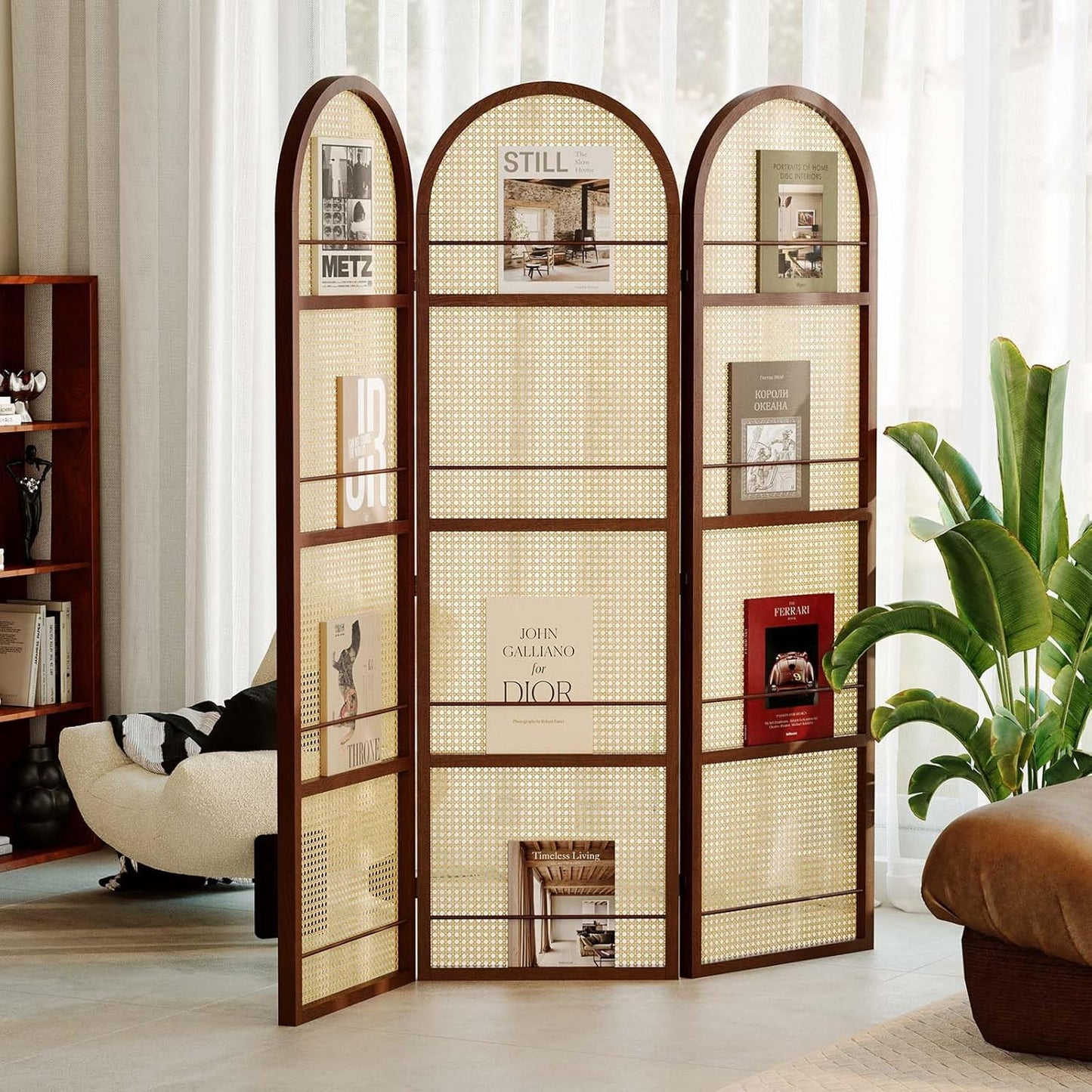 Rattan Room Divider with Bookshelf,Privacy Screen for Home Office & Bedroom,Portable Partition, Wooden Frame