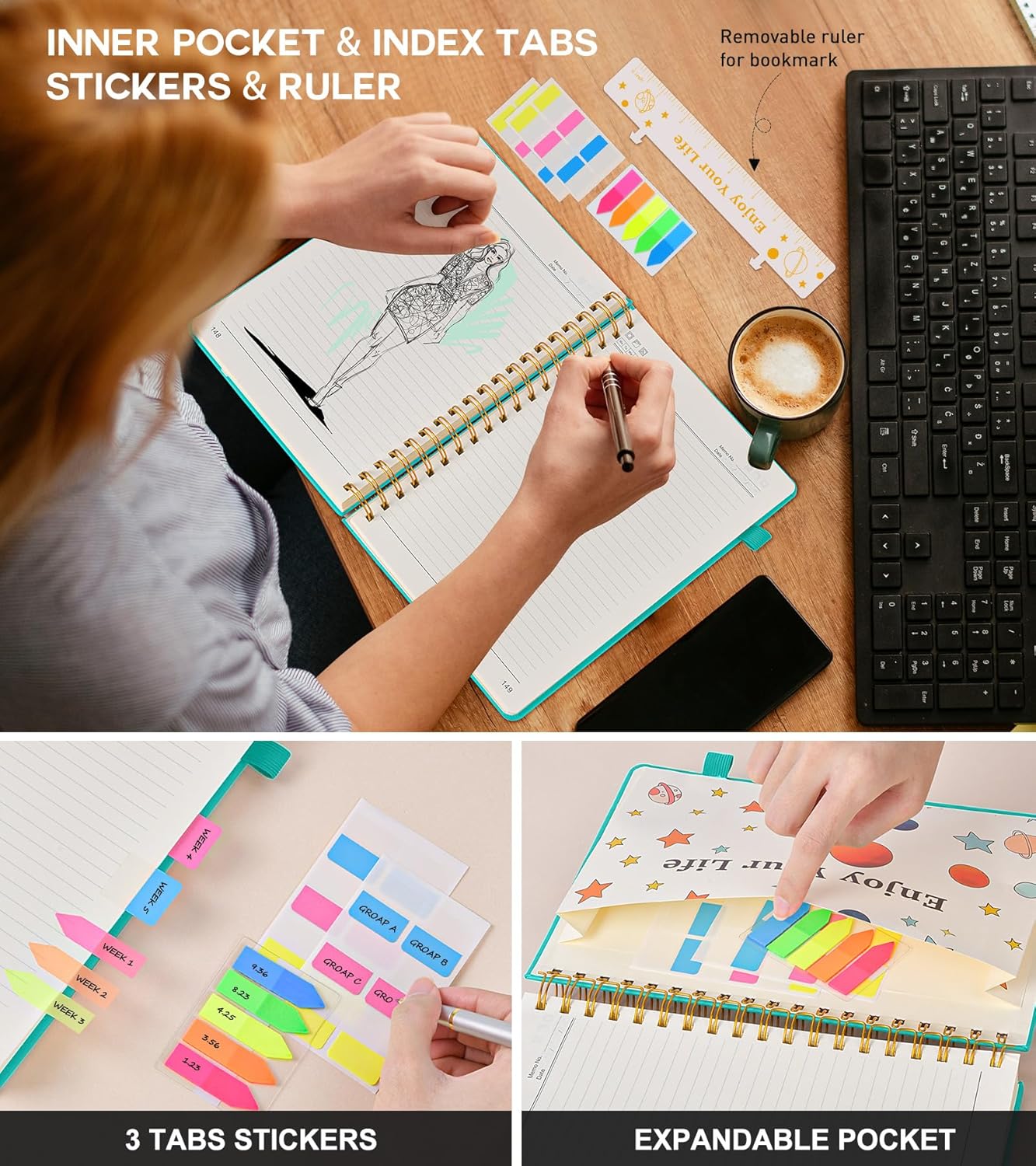 Large Spiral Notebook Journal for Women Men - 300 Numbered Lined Pages, College Ruled, A4 Hardcover Spiral Bound Notebook for School, Work, Note Taking, Writing, Leather Spiral Journal 8.5"x11"