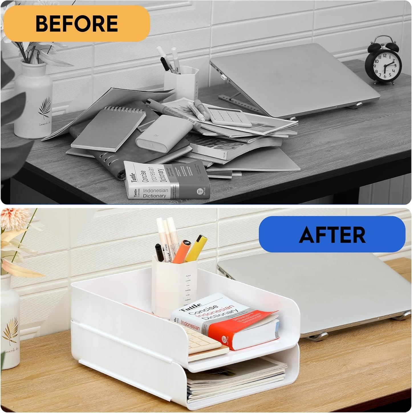 Letter Tray, Set of 2 Office Organization and Storage, PET Letter Tray Desk Organizer, Stackable Document Organizer for Notes, Pens, File Paper, Desk, White