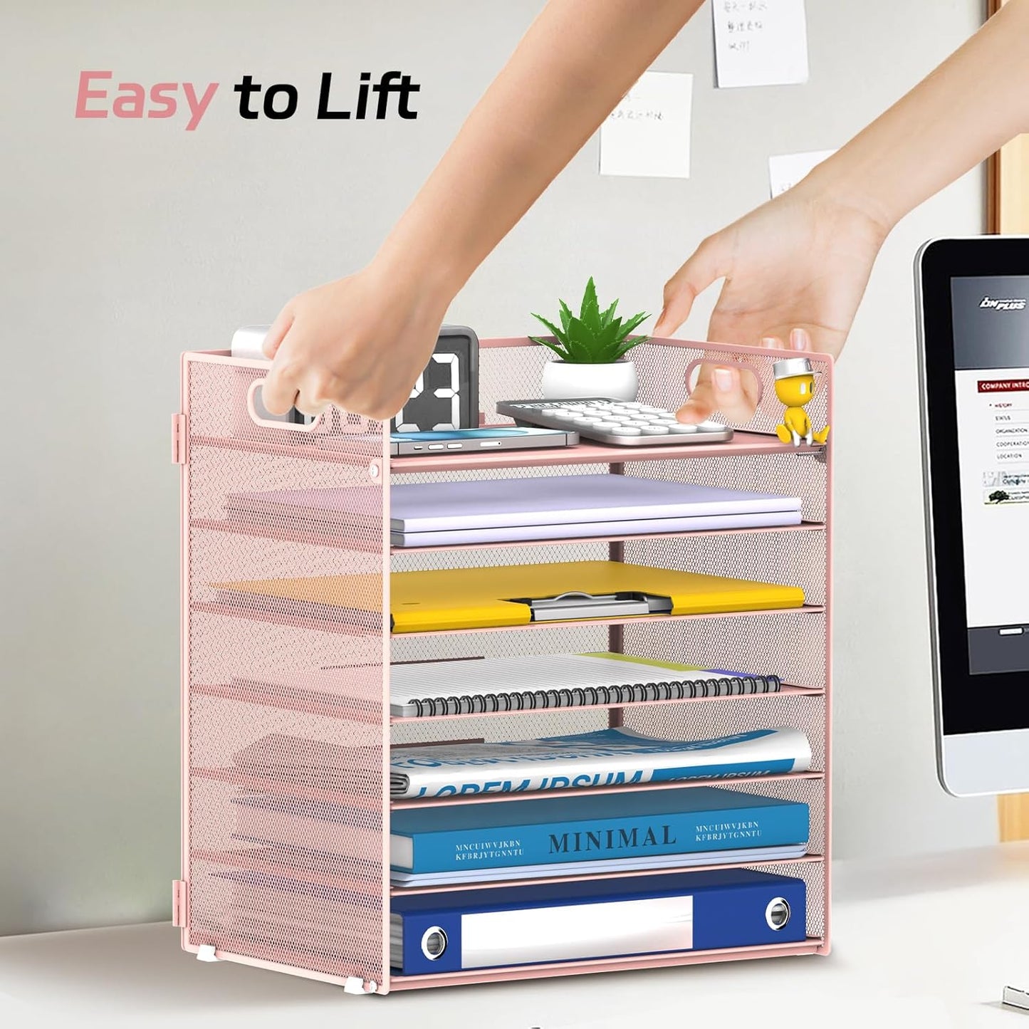7 Tier Paper Organizer - Mesh Desktop File Holder with Handles for Office School Desk, Black (Pink)