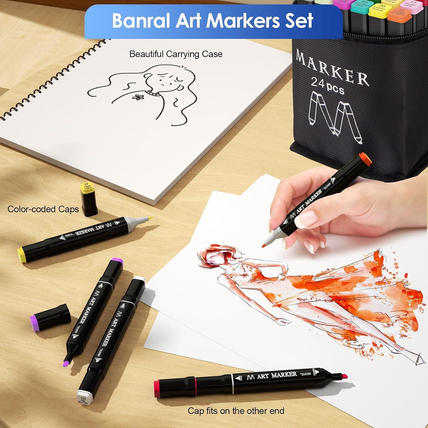 Banral 24 Colors Alcohol Markers Set, Dual Tip Alcohol Based Art Marker for Artists Kids Adult Coloring, Permanent Illustration Sketch Pens for Drawing
