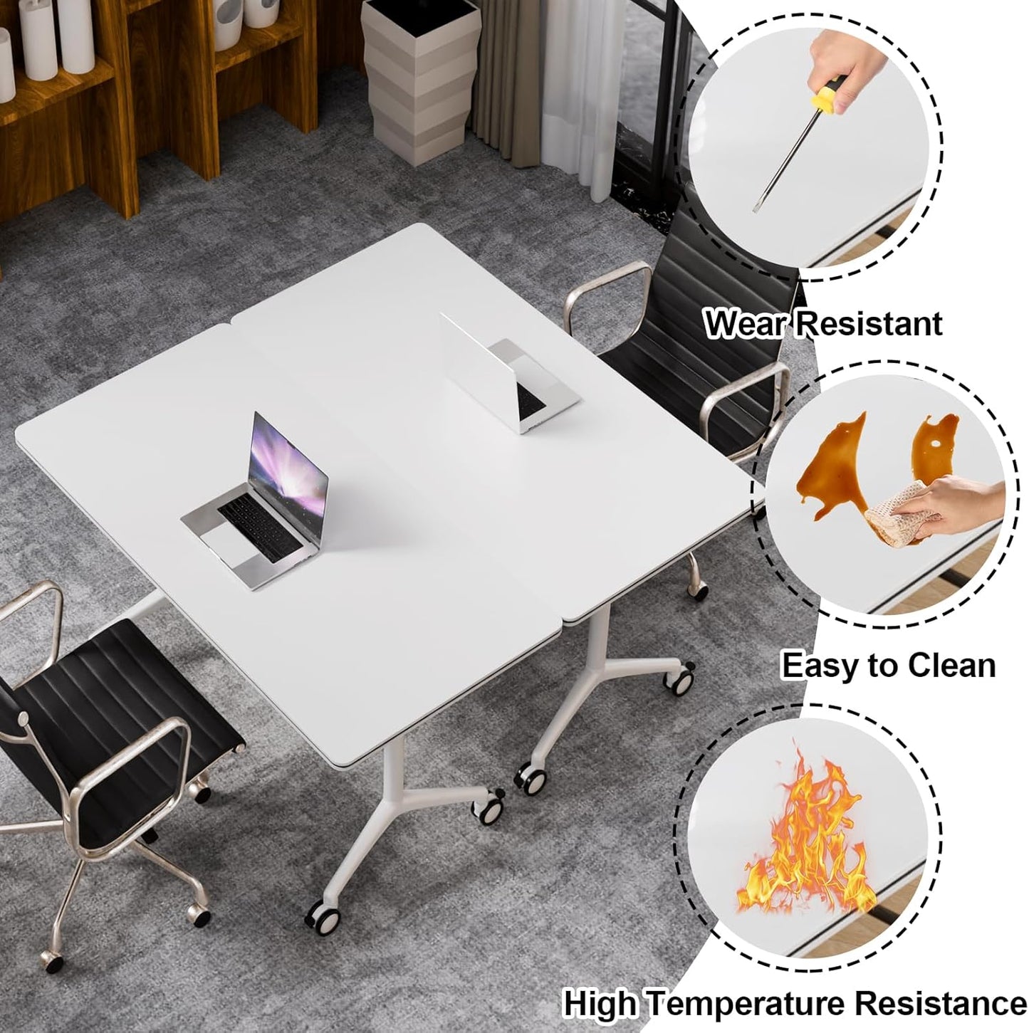 Folding Conference Table, Modern Large Conference Room Tables with Flip-Top Design, Foldable Conference Table Meeting Table with Wheels, Mobile Seminar Training Tables for Office Classroom (8, White)