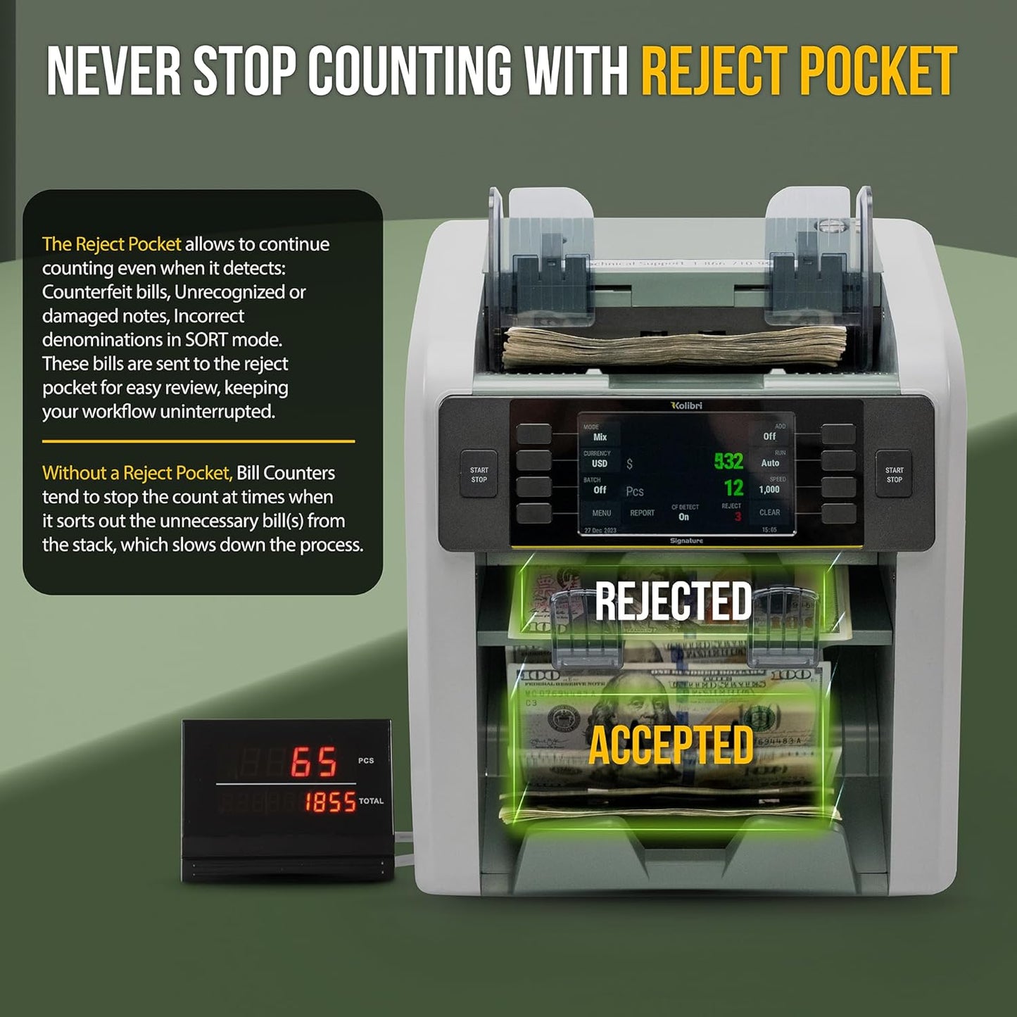 KOLIBRI Money Counter Machine, Signature Bank-Grade Mixed Denomination | 2-Pocket Cash Counter Machine, Currency Discriminator | 3-Year Manufacturer's Warranty | 2 CIS UV/MG IR/MT SN/DV IRT