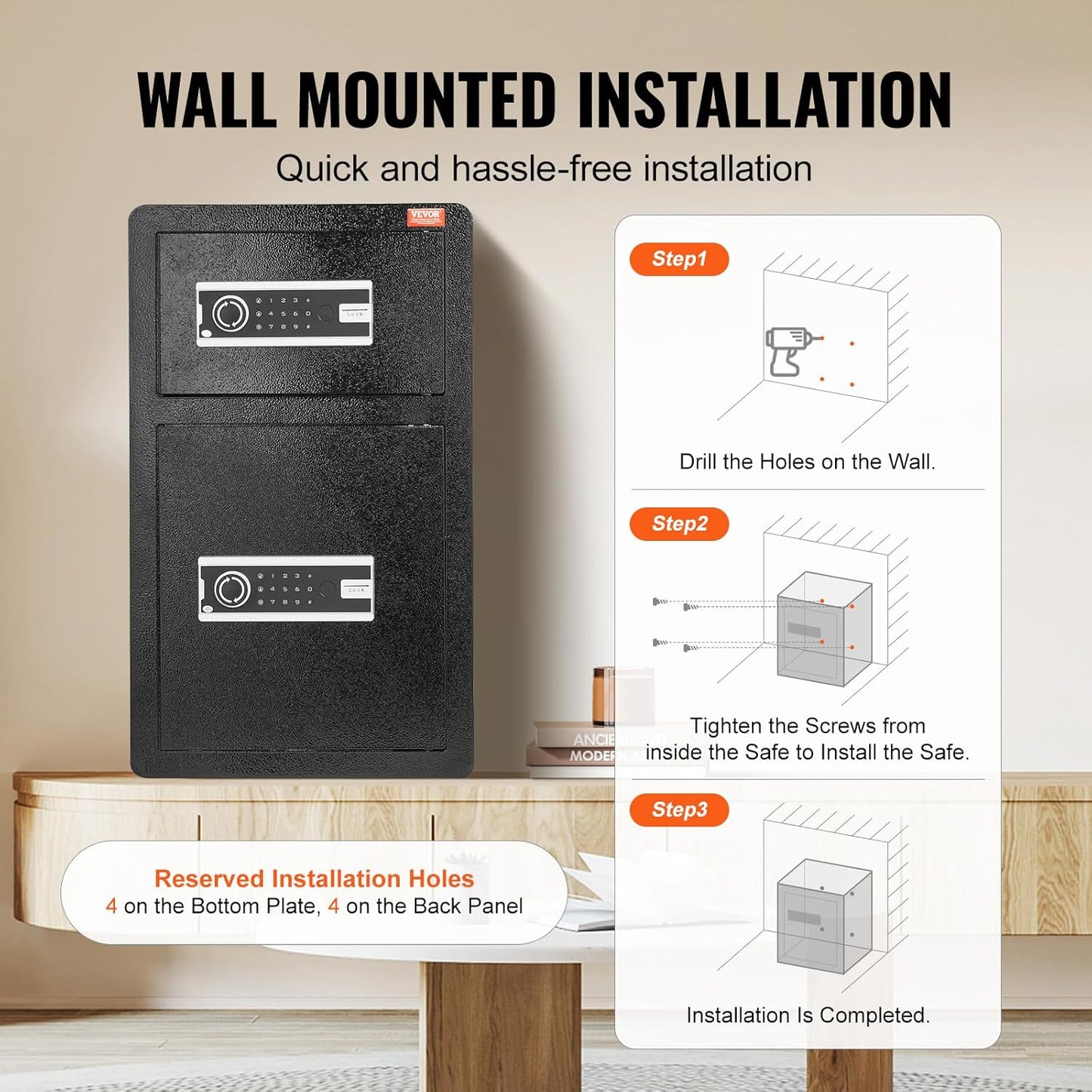 VEVOR Double Doors 4.5 cu.ft Safe Box with Key Lock & Password, Safe Lock Box with Fireproof Bag, Key Rack, LED Light and 2 Height Adjustable and Removable Divider for Money, Documents, Black