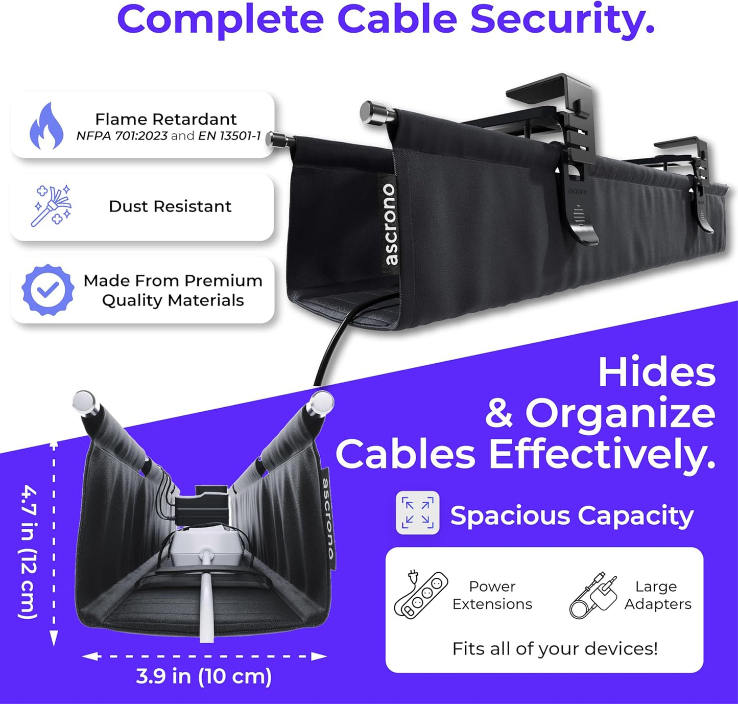 Original No Drill Under Desk Cable Management Tray 14.1" - Premium Black Fabric Cable Management Under Desk - Clamp/Screw Mount Cord Organizer - Supports Upto 66lbs