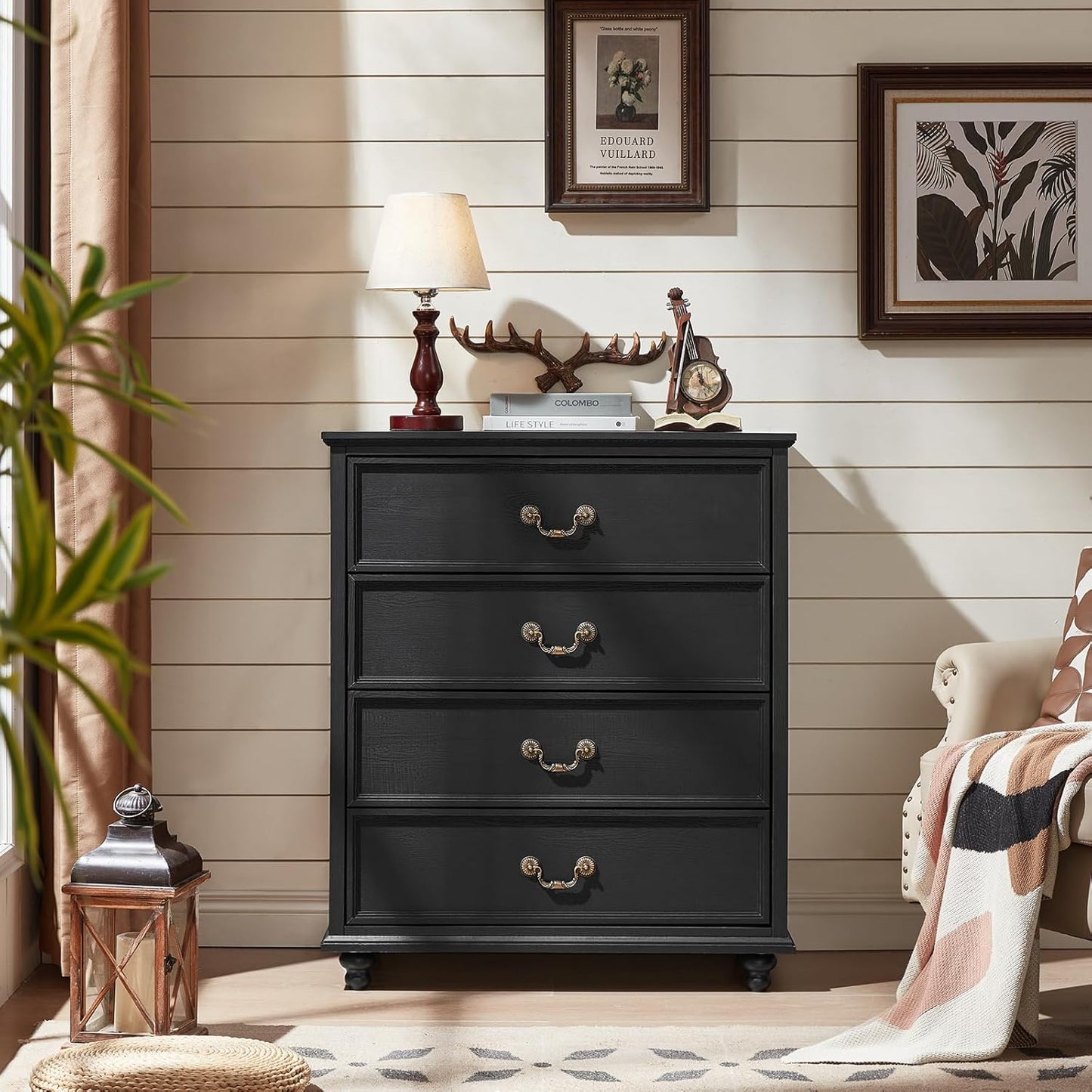 Farmhouse 4 Drawer Dresser Set of 2 for Bedroom, 37" Tall Rustic Chests of Drawers w/ 4 Solid Wood Feet, Mid Century Vintage Wooden Closet Storage Dressers Organizer for Living Room, Black