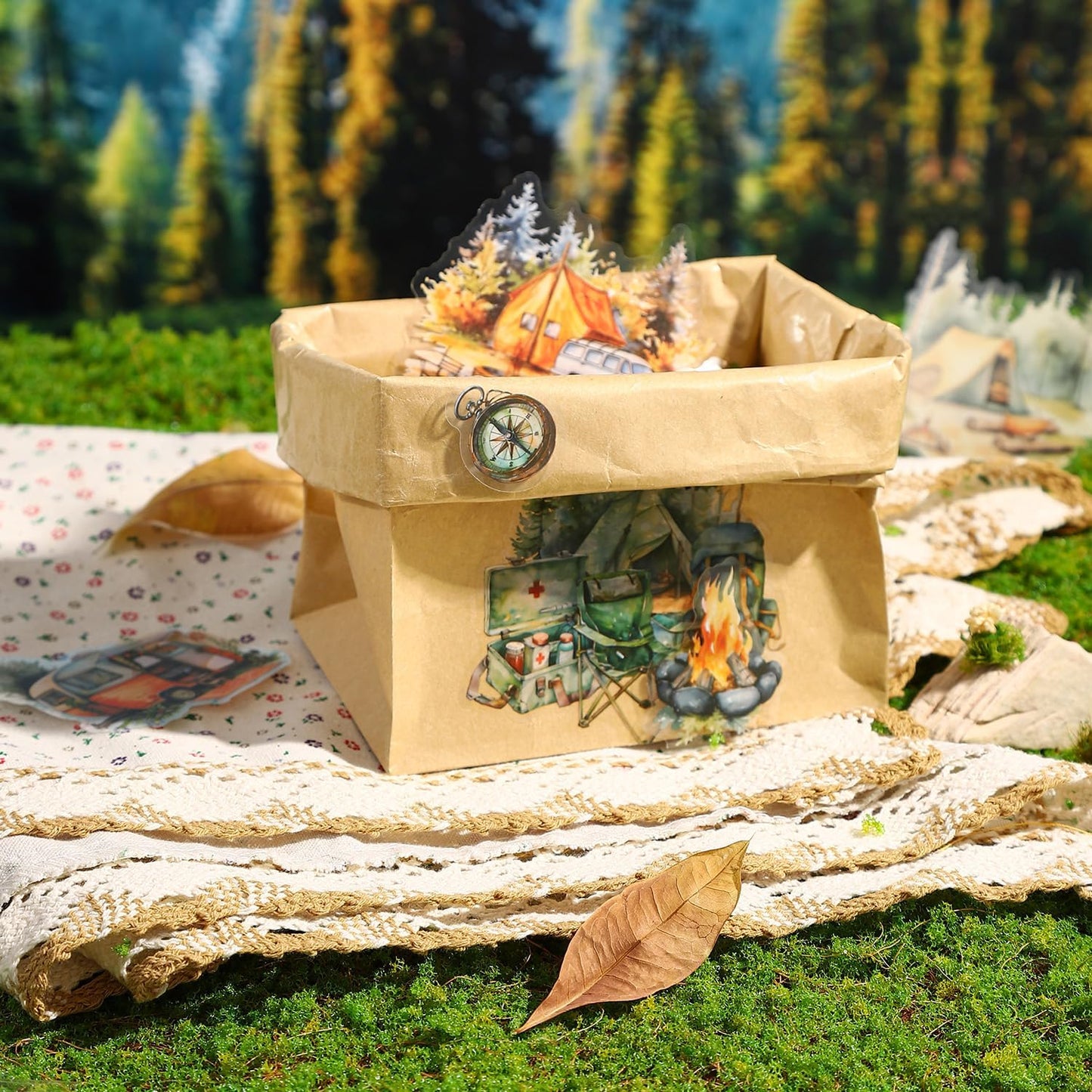 Forest Journey Camping PET Stickers, 120 Pcs Outdoor Adventure Ephemera for Scrapbooking, Journaling, DIY Crafting, and Art Supplies