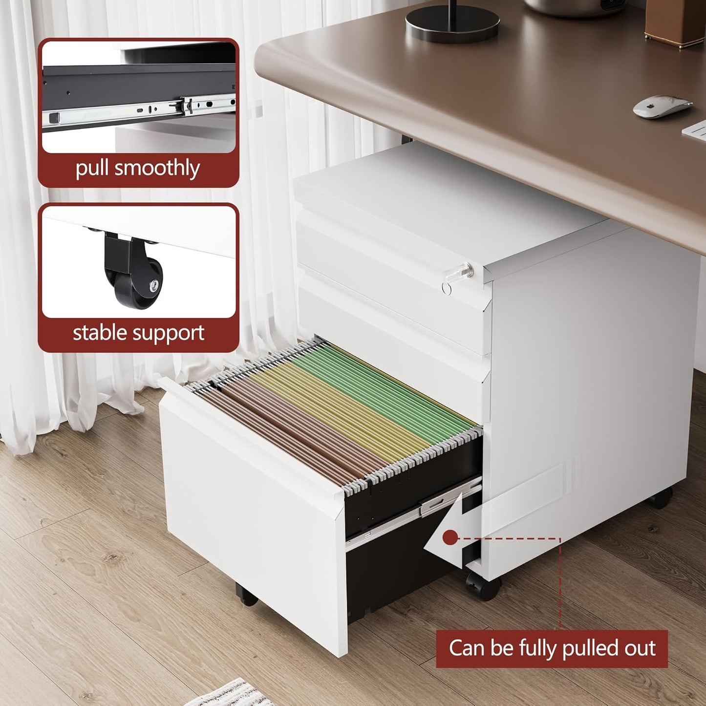 3 Drawer File Cabinet,Mobile Filing Cabinet with Lock and Wheels,Un-Assembled Metal Under Desk File Cabinets for A4/Letter/Legal Size(White