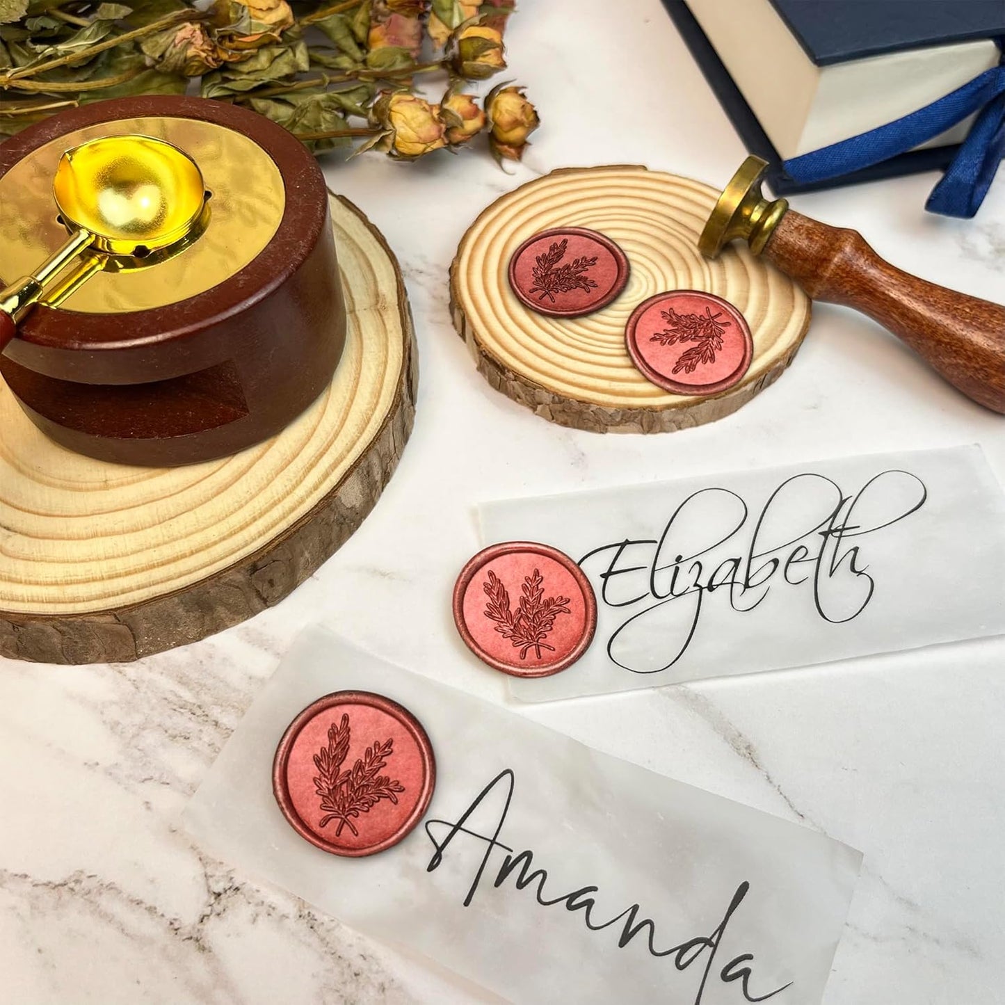 50Pcs Wax Seal Stickers Handmade Envelope Seals Self Adhesive Wax Stickers for Wedding Party Invitations, Envelope, Gift Wrap, Christmas(Rosemary Style, Red)