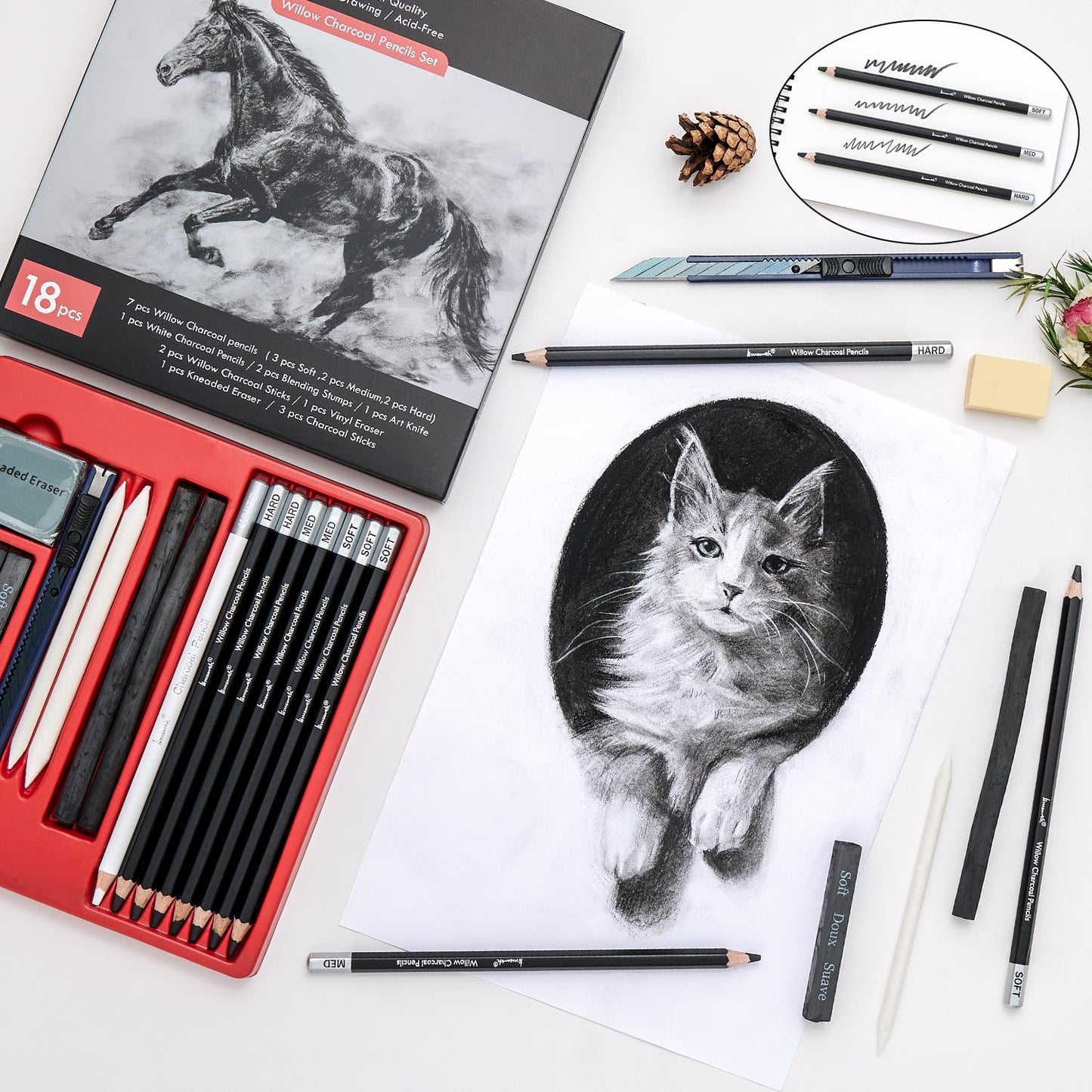 Charcoal Pencils for Drawing, 18 Pcs Art Pencil Kit, Professional Sketching Pencil, Art Supplies for Drawing, Shading, Sketching, Blending, Artist Pencils for Beginners & Artists