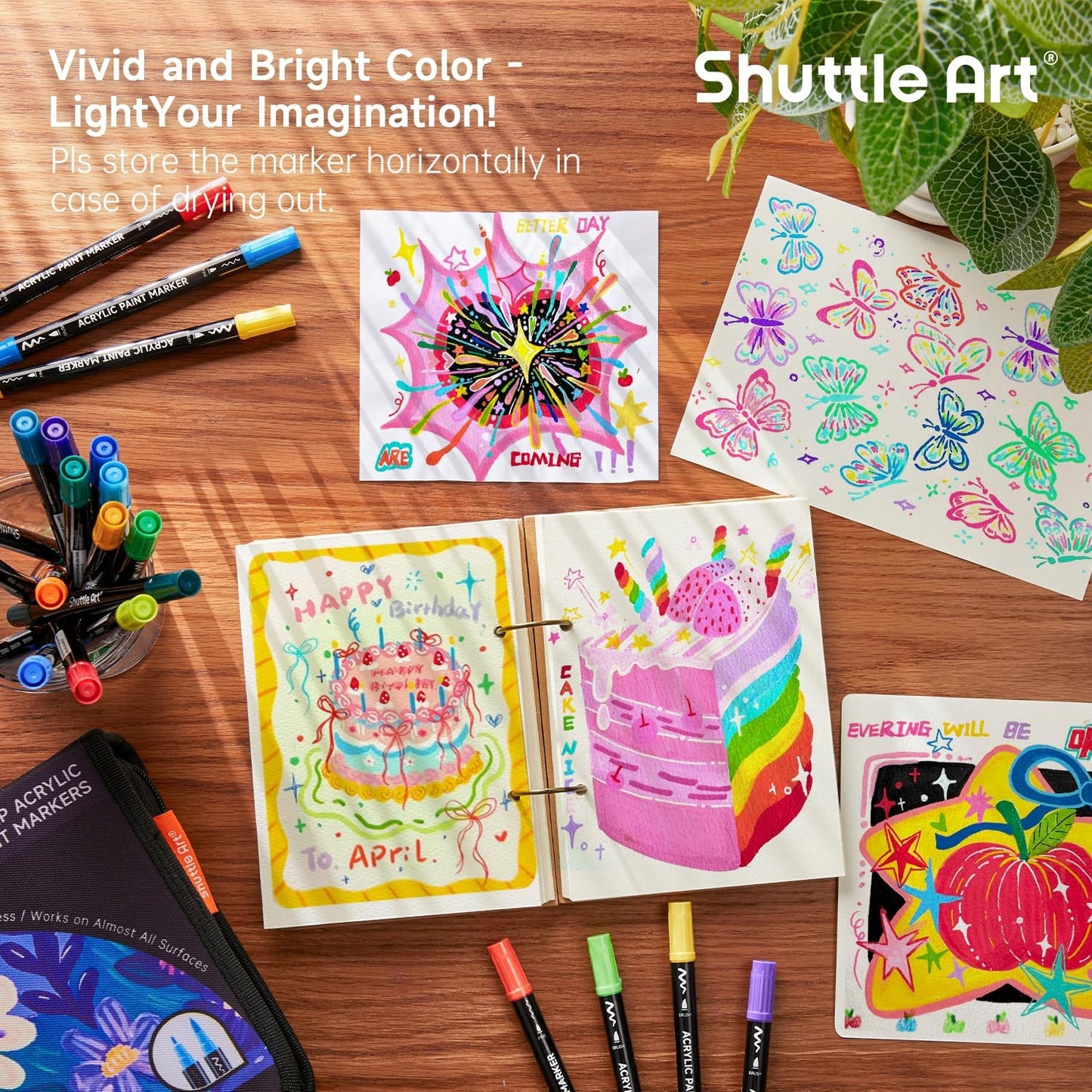 Shuttle Art 80 Colors Dual Tip Acrylic Paint Markers, Brush Tip and Fine Tip Acrylic Paint Pens for Rock Painting, Ceramic, Wood, Canvas, Plastic, Glass, Stone, Calligraphy, Card Making, DIY Crafts