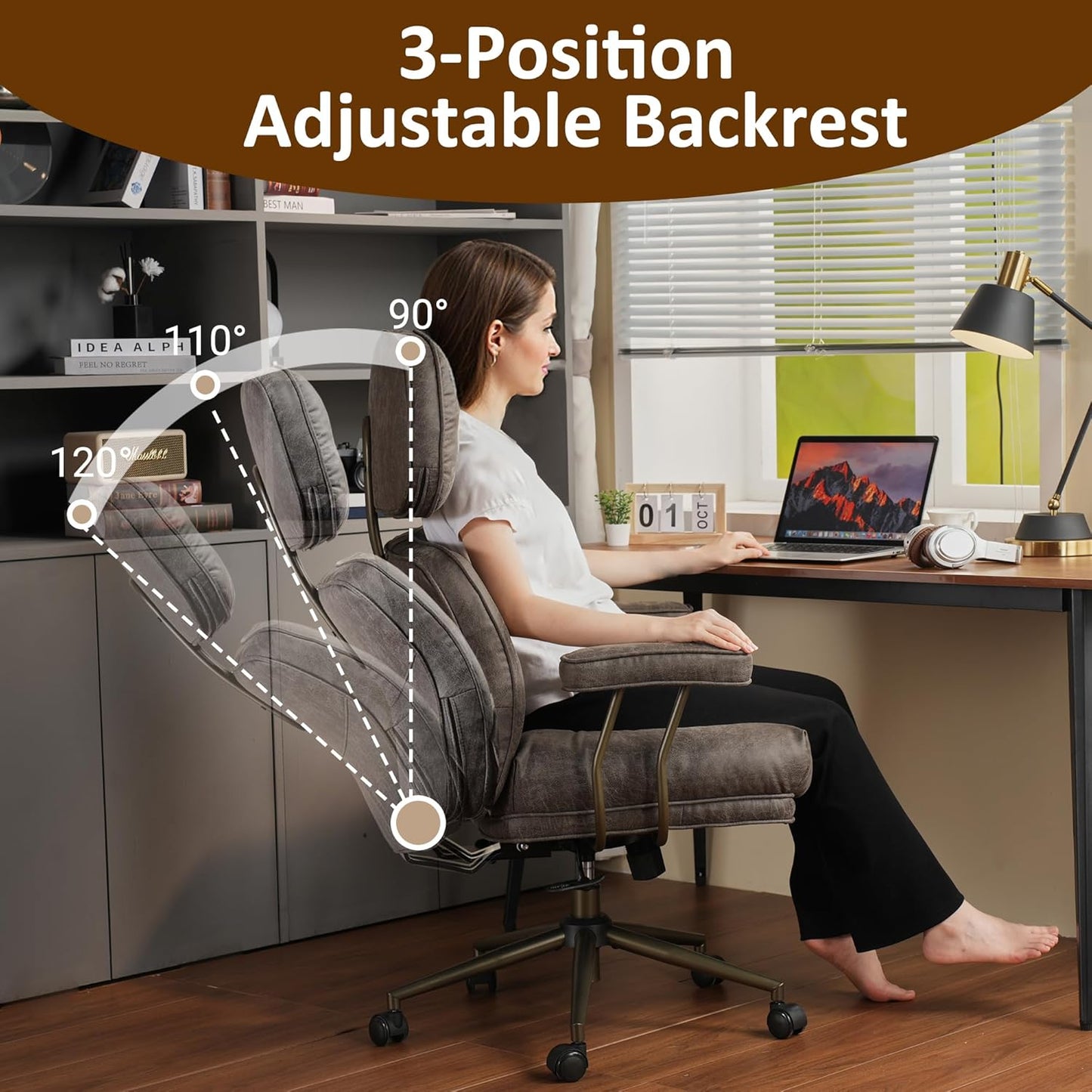 Faux Leather Executive Office Chair - Big and Tall Ergonomic Home Office Chair,Reclining Computer Desk Chairs with Lumbar Support,Adjustable Task Swivel Rolling PC with Wheels,Grey,Suede