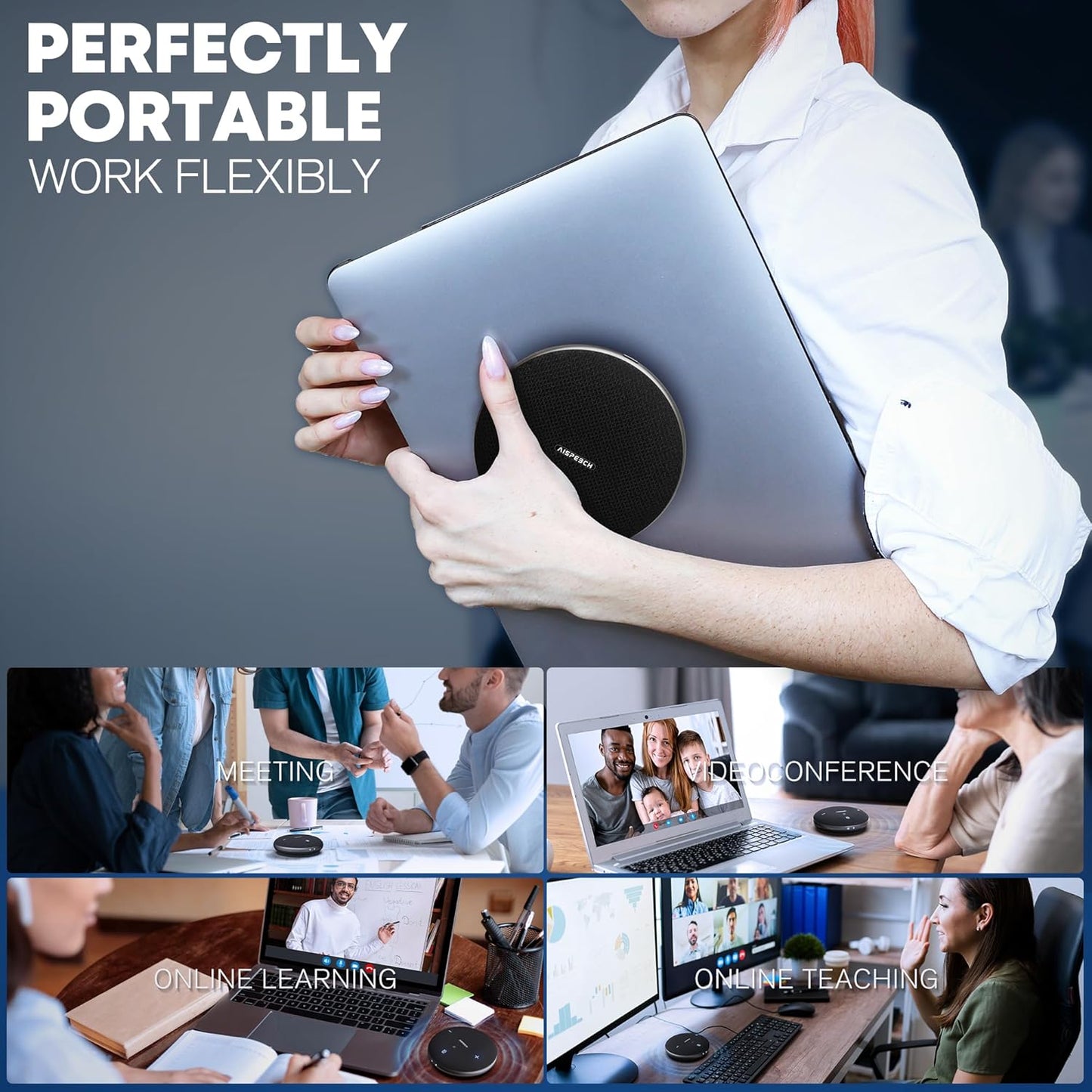 M4 Bluetooth Speakerphone Conference Microphone with AI Noise Reduction Full-Duplex AI Transcription USB Speakerphone 360° Voice Pickup Conference Speaker Home Office for Teams/Zoom, Black