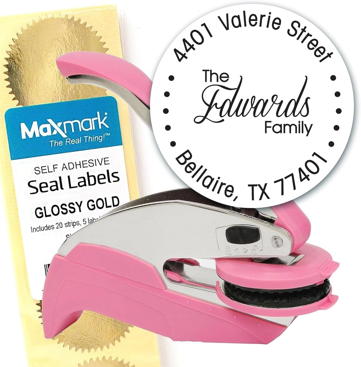 Custom Monogram Address Pink Embosser - Personalized Round Seal with 50 Gold Seal Labels - Style EM021