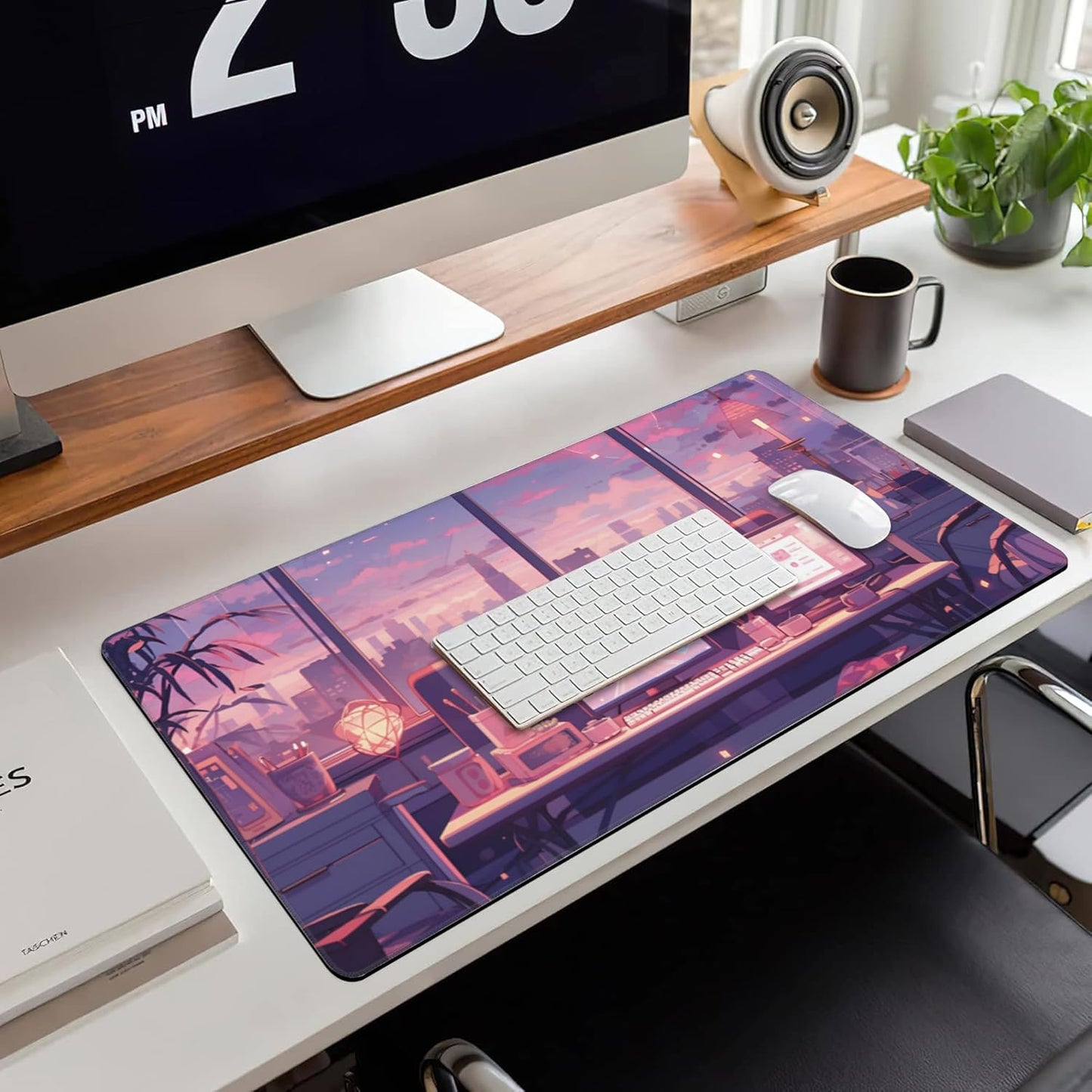 Extended Large Gaming Mouse Pad, Cute Pink Cyberpunk Lofi Large Desk Mat for Desktop, Non-Slip Rubber Base Stitched Edges Long Computer Keyboard Desk Pad Mouse Mat for Gaming Home Office 35.4"X15.7"