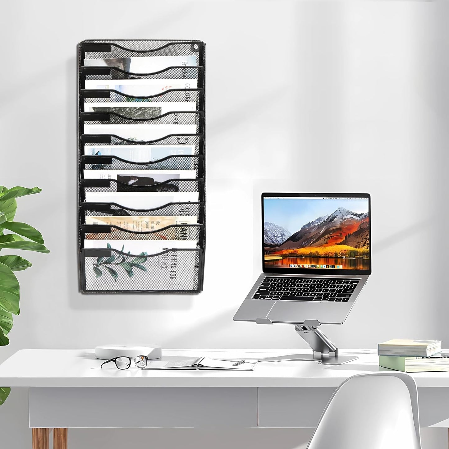 EasyPAG Wall File Holder Organizer 10 Pocket Mesh Hanging Wall Mounted Document Paper Folder Filing Magazine Rack with Nametag Label for Office Home School, Black