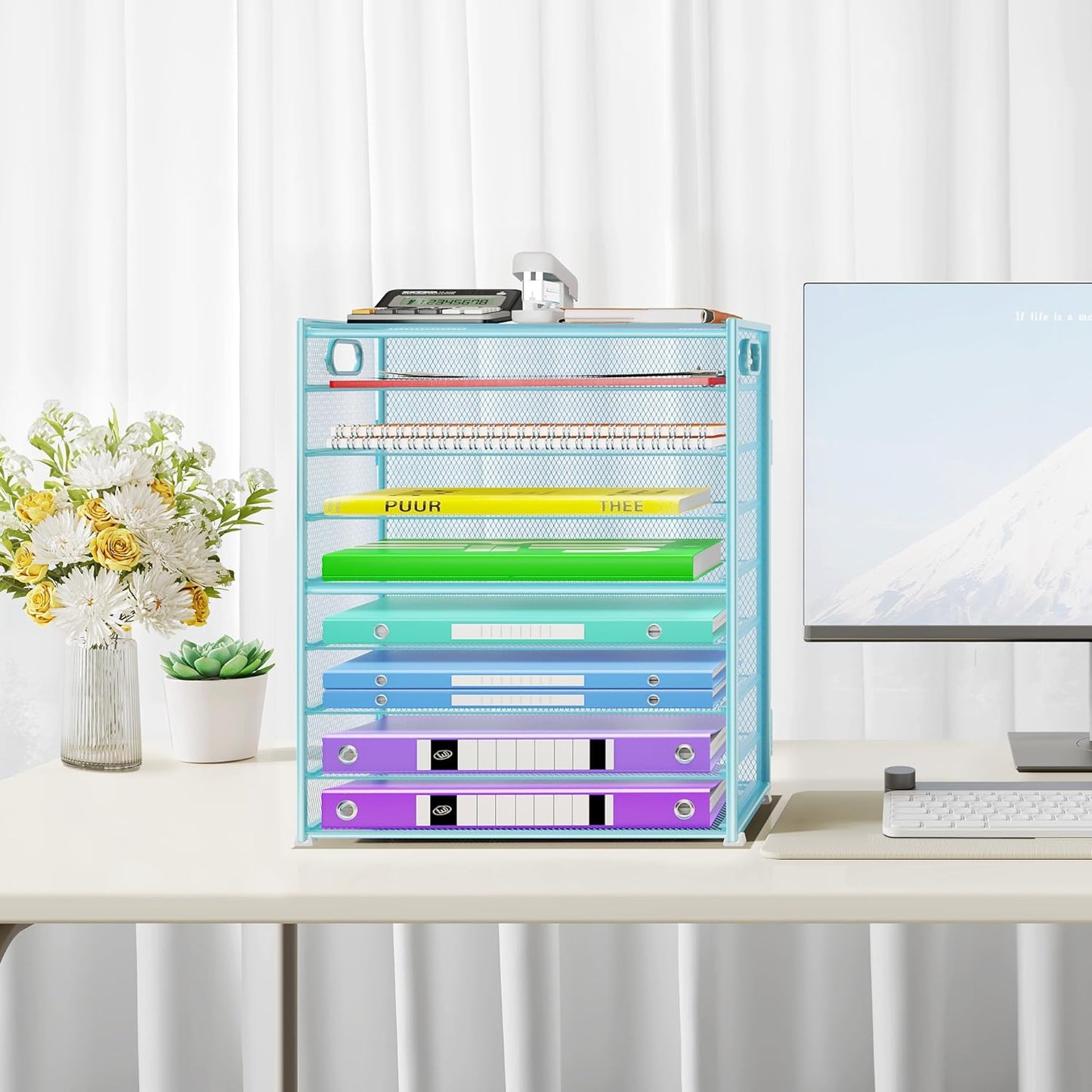 9 Tier Paper Organizer with Handle, Large Capacity Desk Organizer Mesh Paper Letter Tray File Folder Document Sorter for Classroom and Office Accessories Organization- Blue (2 Pack)