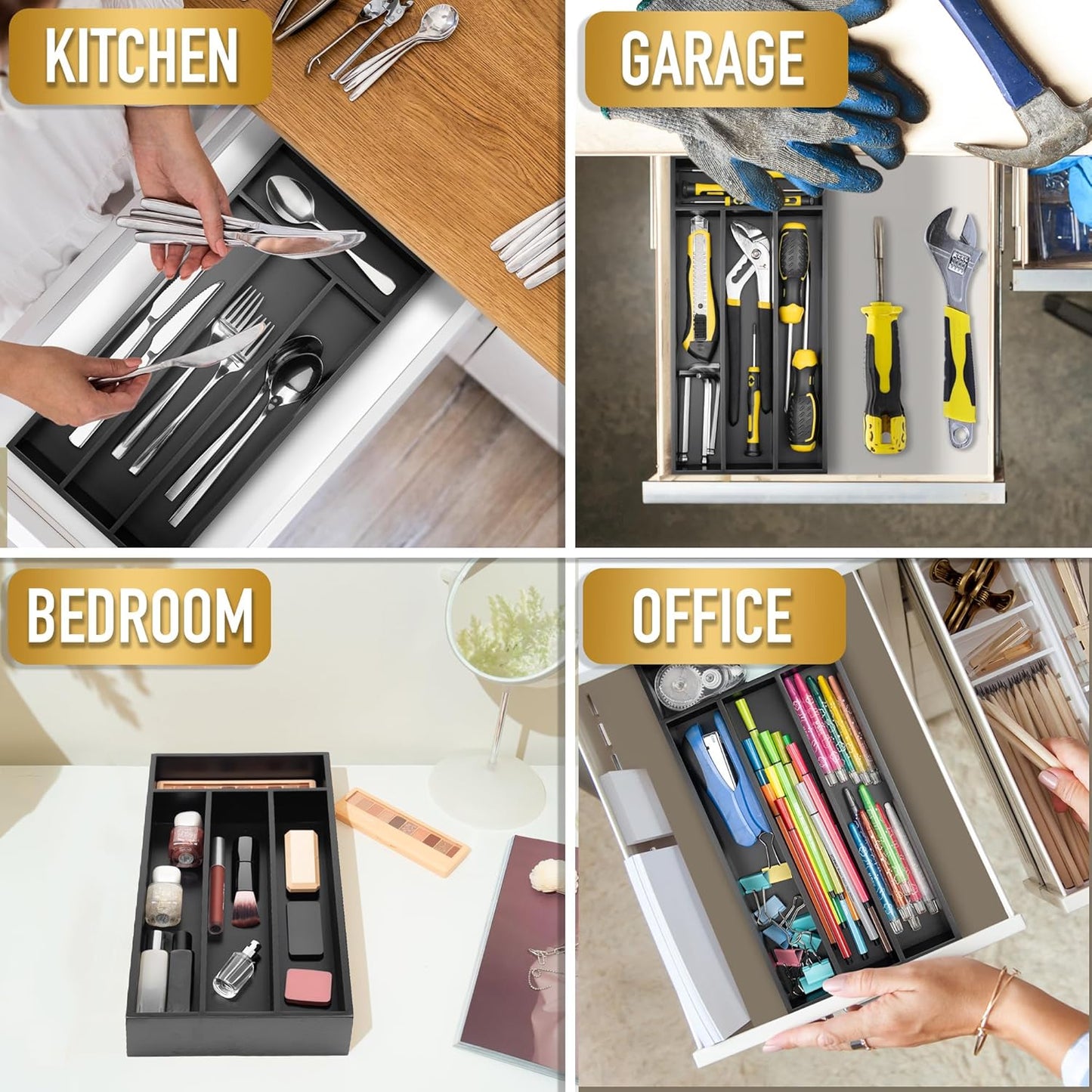 Silverware Organizer Small Bamboo Kitchen Drawer Organizer Utensil Organizer Silverware Holder Cutlery Organizer in drawer Flatware Organizer Tray (Black 4 Slots)