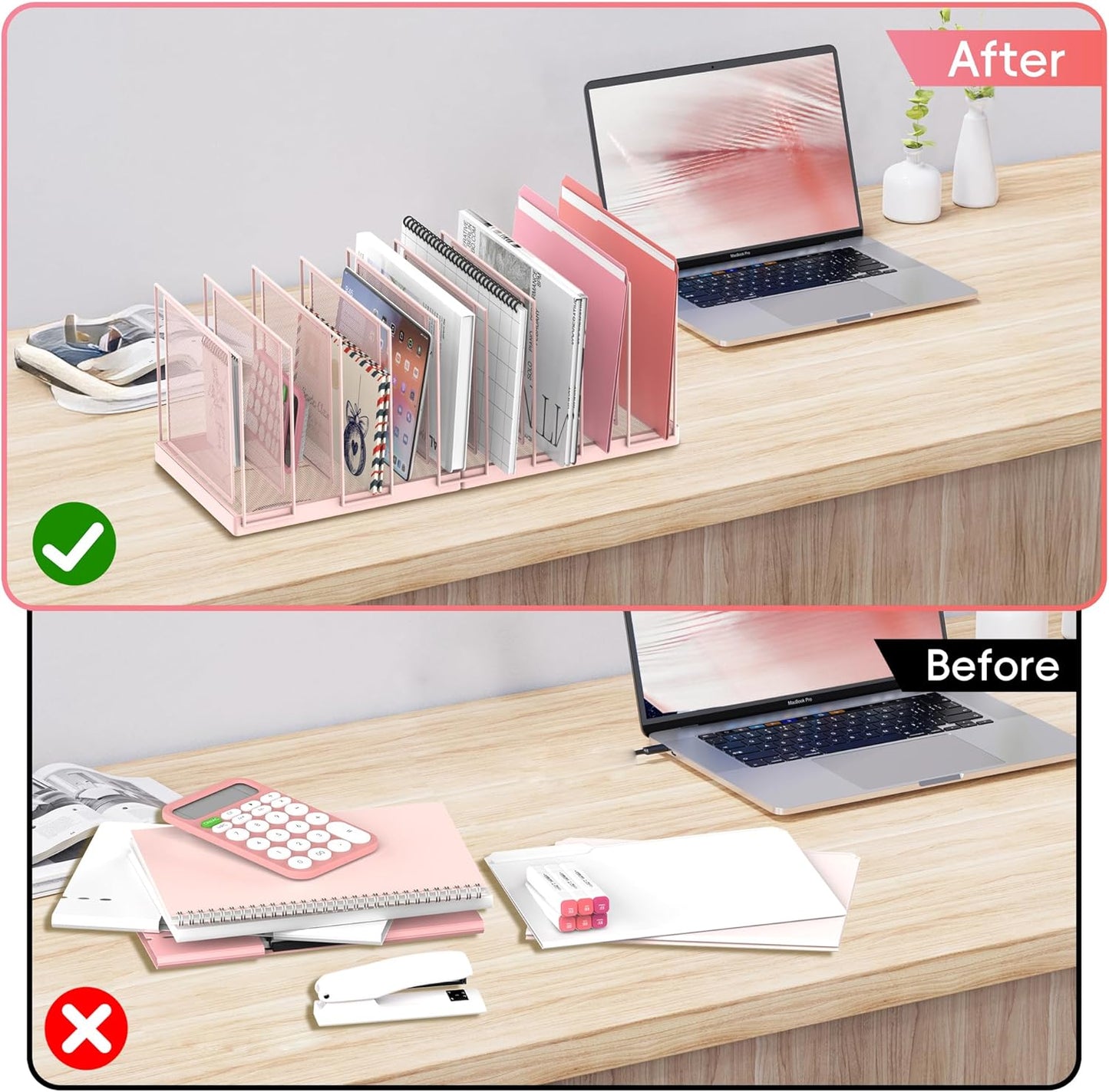 9-Section Desk File Organizer, Vertical File Holder, Mesh Desktop File Folder Metal File Organizer Stand for Office Home Classroom, Pink