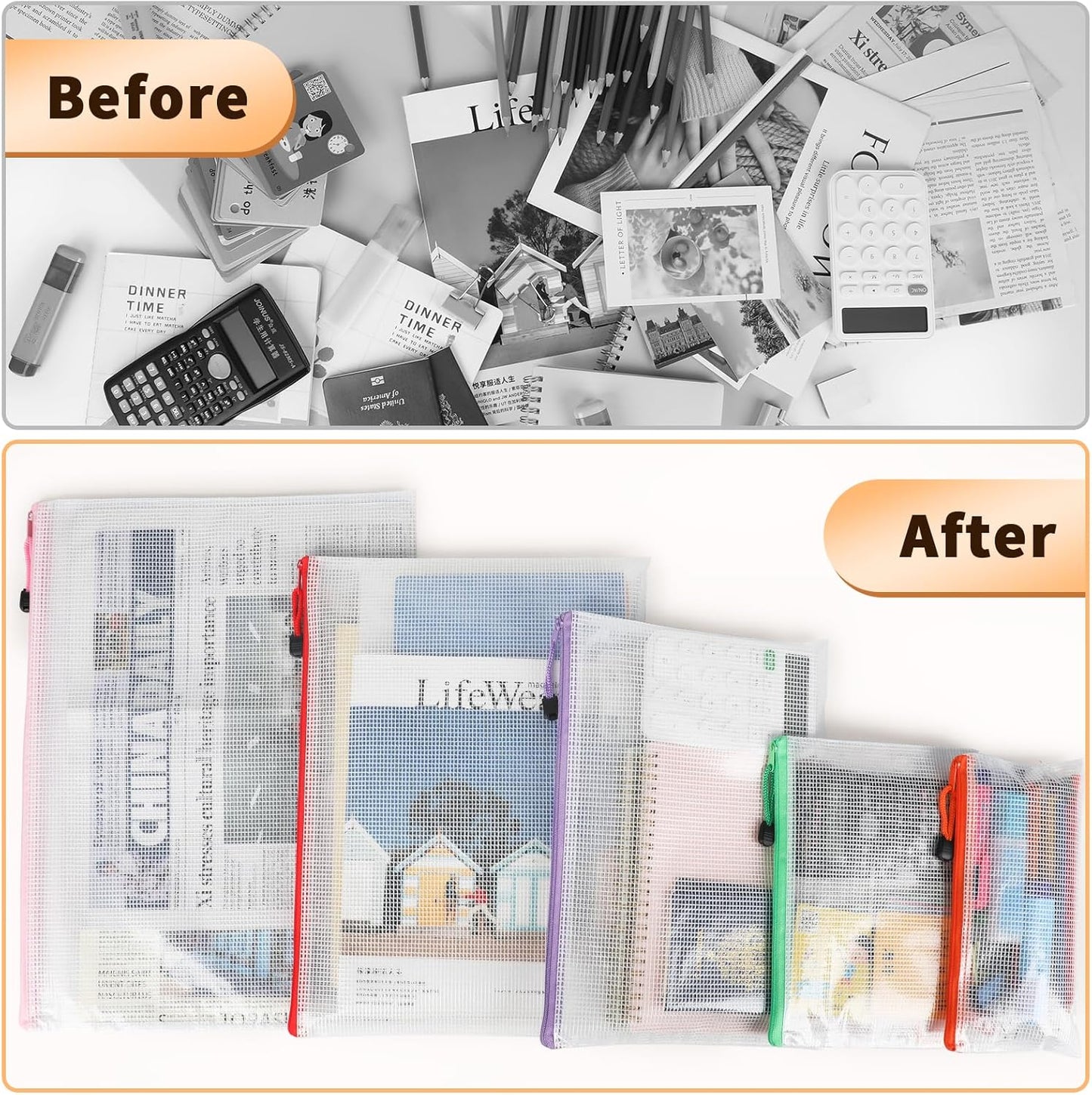 Umriox Mesh Zipper Pouch Bags, A3+A4+A5, (6 colors, 18 Packs), Clear Zipper Pouches, Waterproof Zipper Pouches for Office Supplies Cosmetics Travel Storage